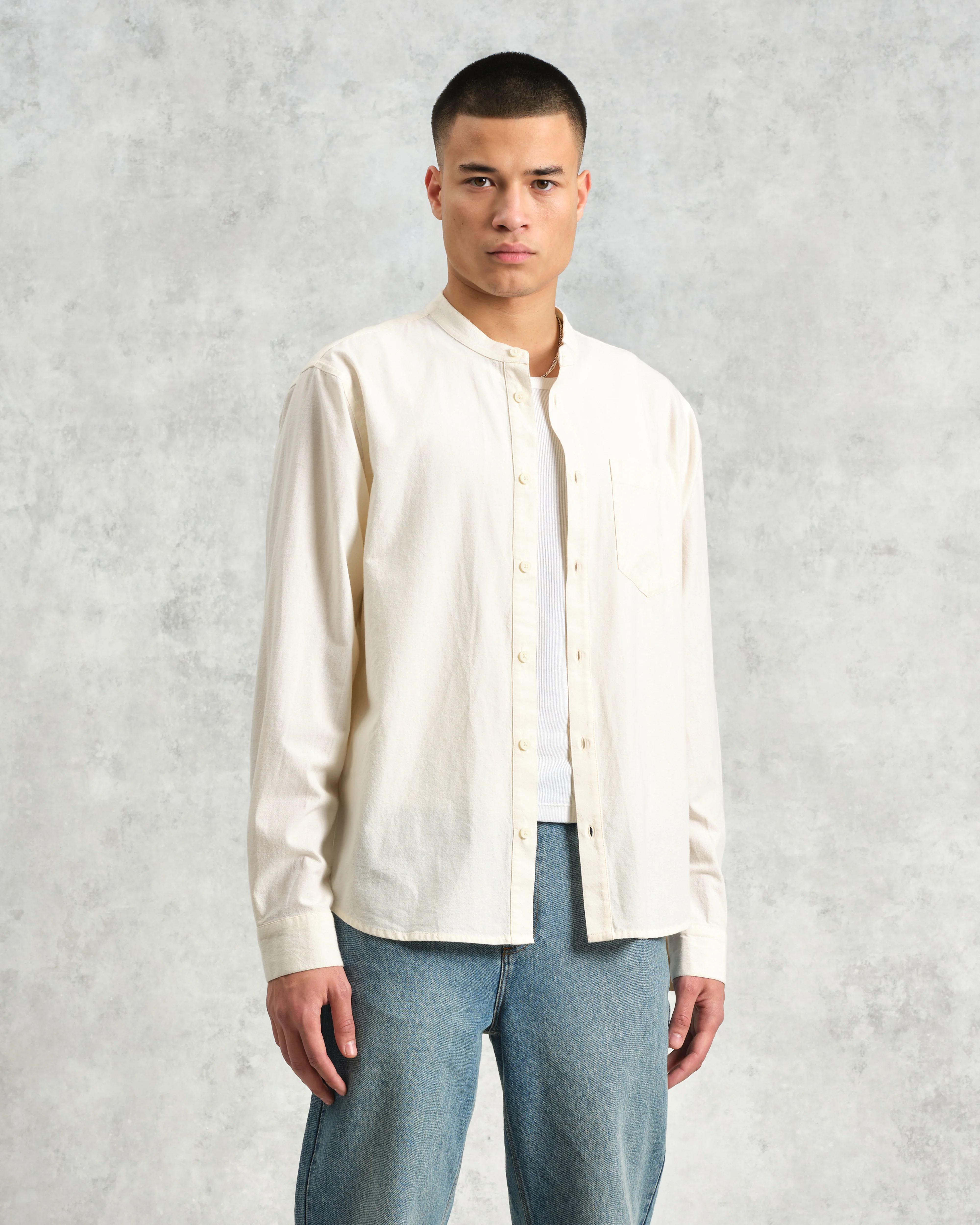 Abbot - Ecru Grandad Collar Cotton Chambray Shirt - Image 2