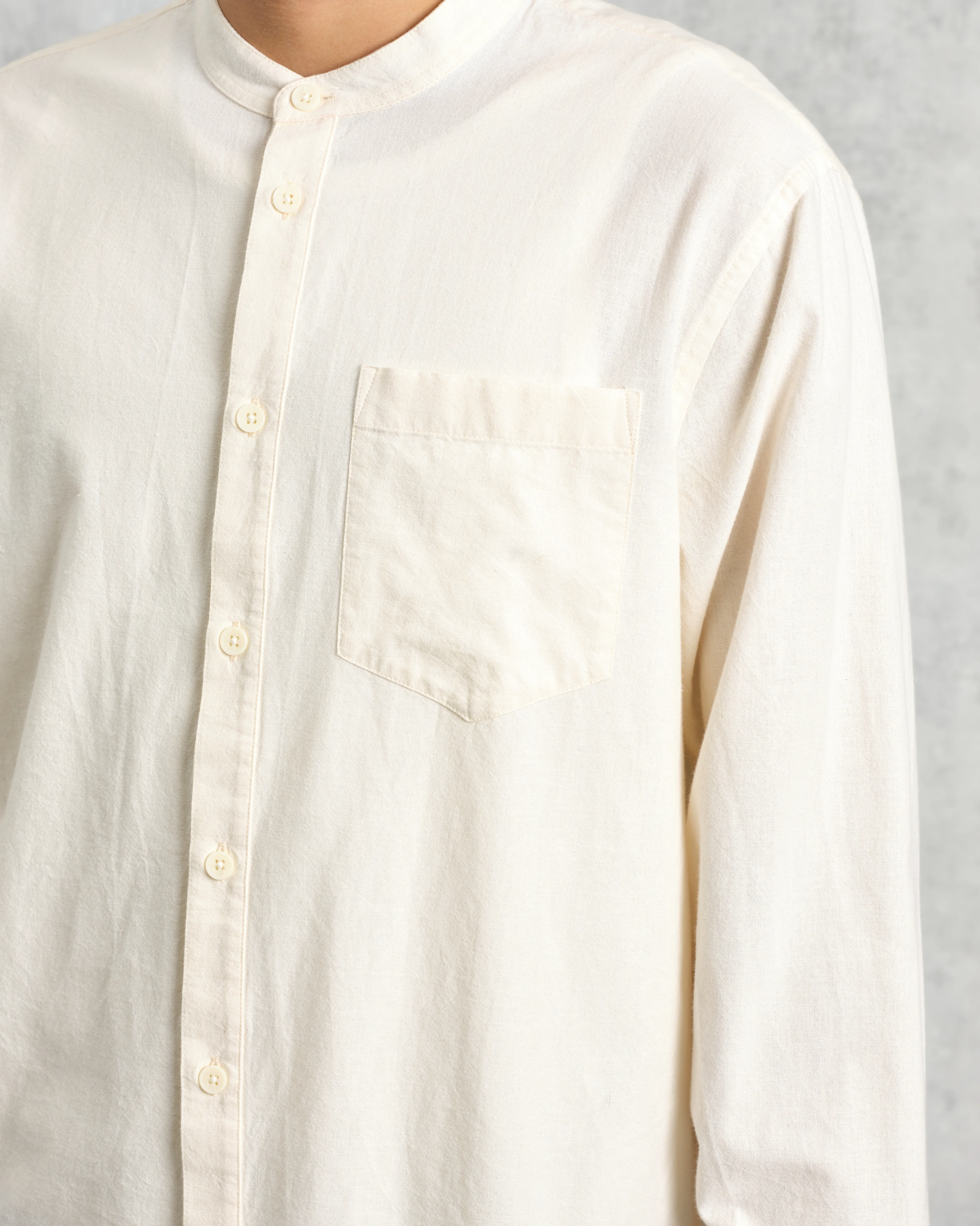 Abbot - Ecru Grandad Collar Cotton Chambray Shirt - Image 3