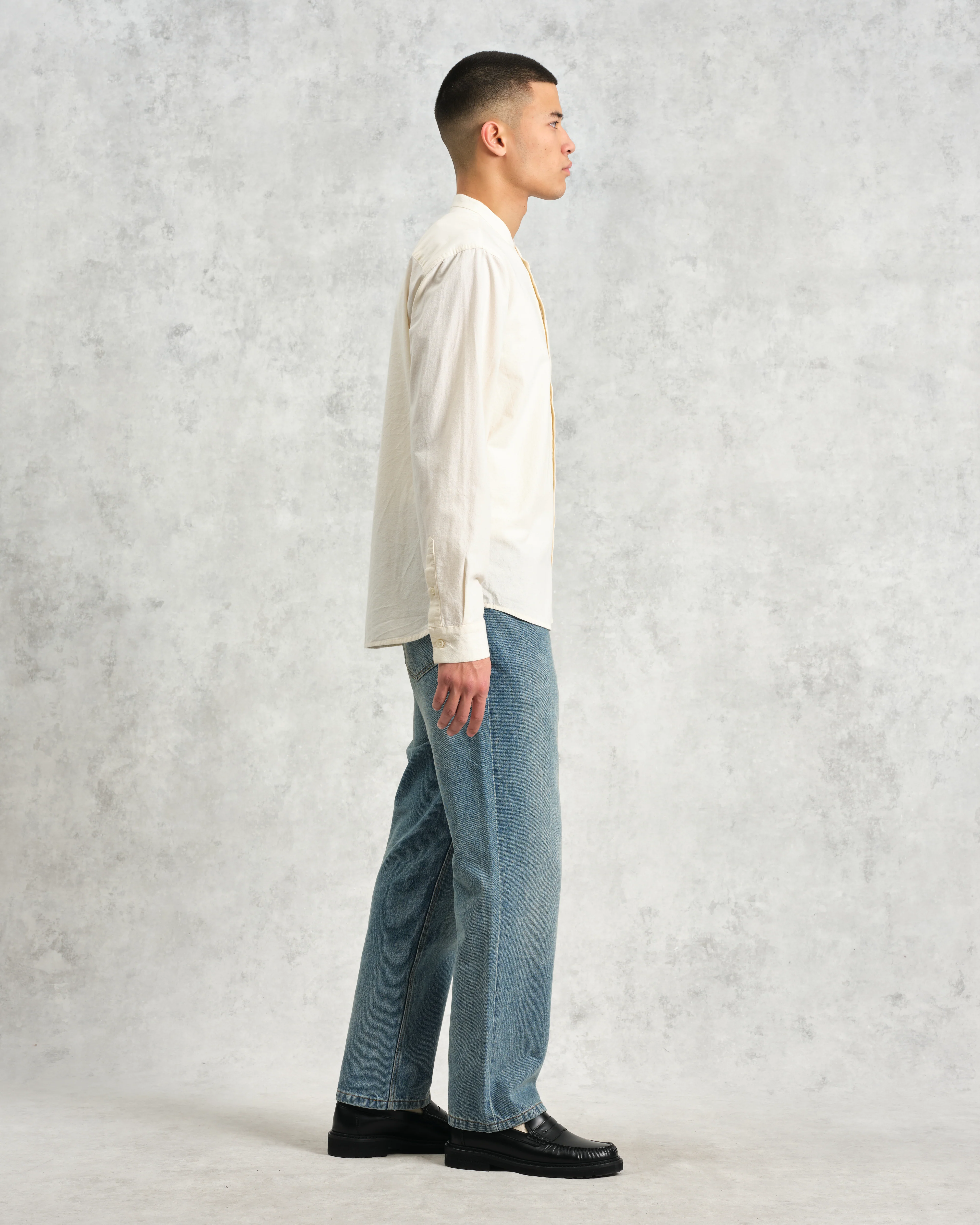 Abbot - Ecru Grandad Collar Cotton Chambray Shirt - Image 4