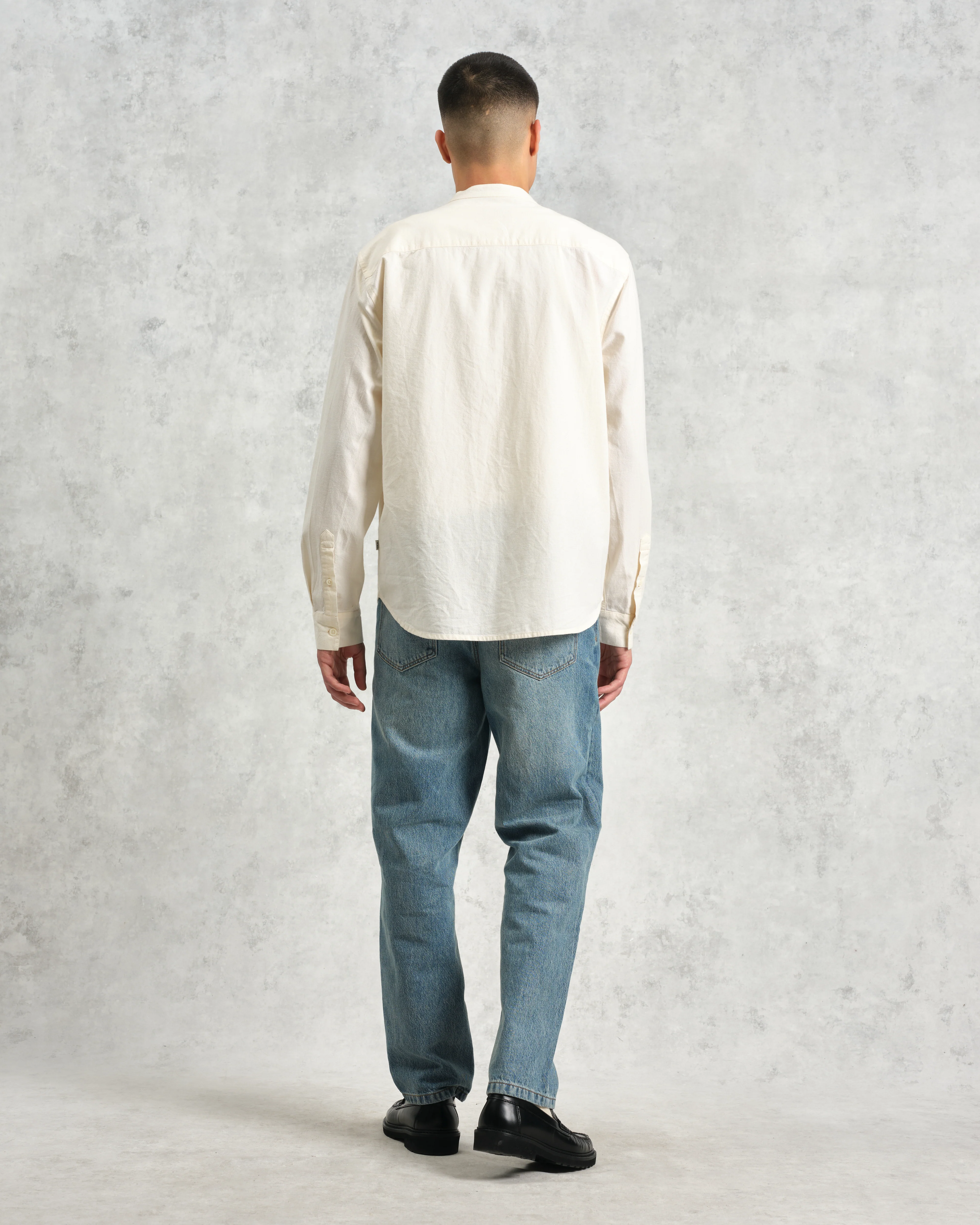 Abbot - Ecru Grandad Collar Cotton Chambray Shirt - Image 5
