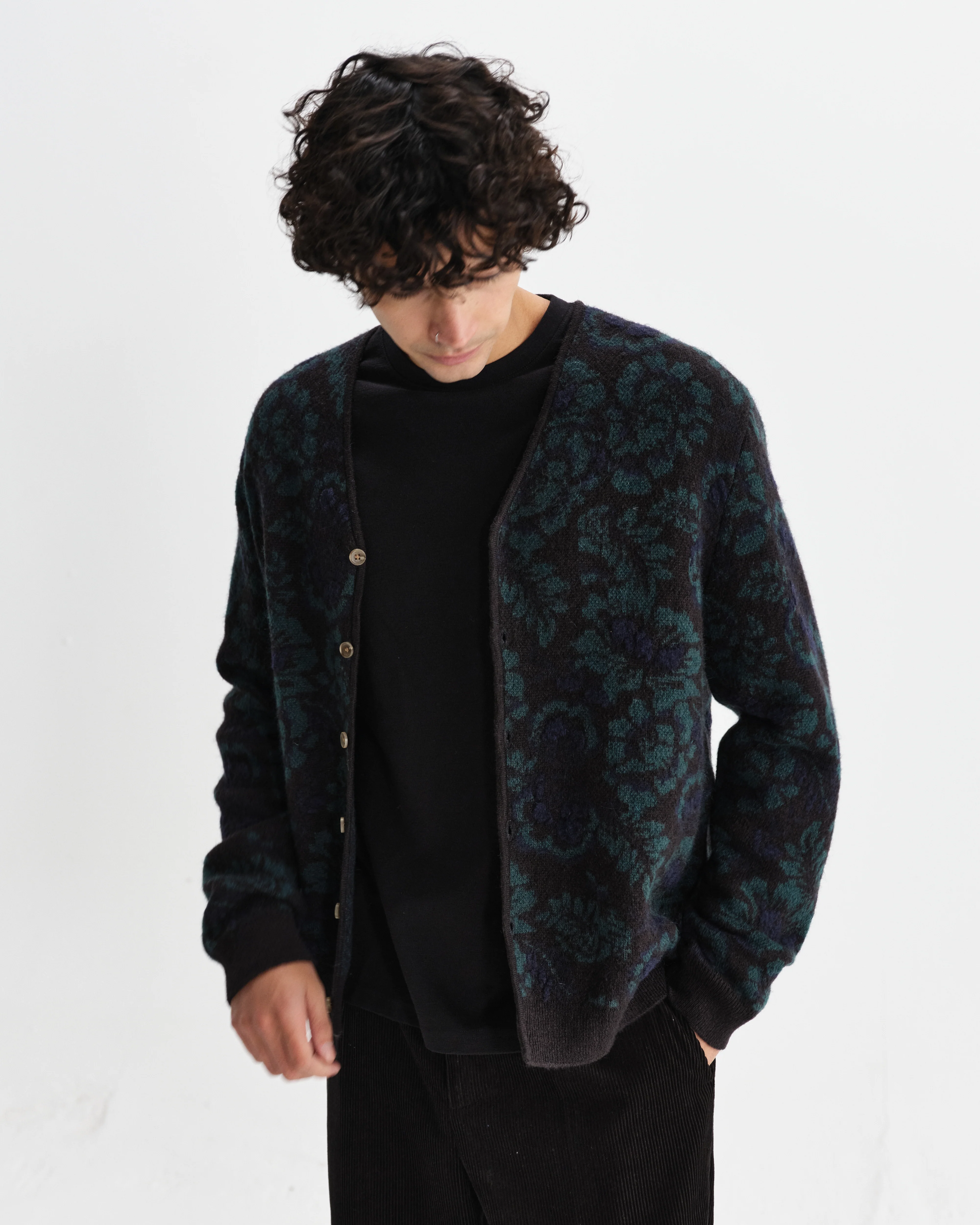 Alban - Black And Green Floral Textured Jacquard Cardigan - Image 2
