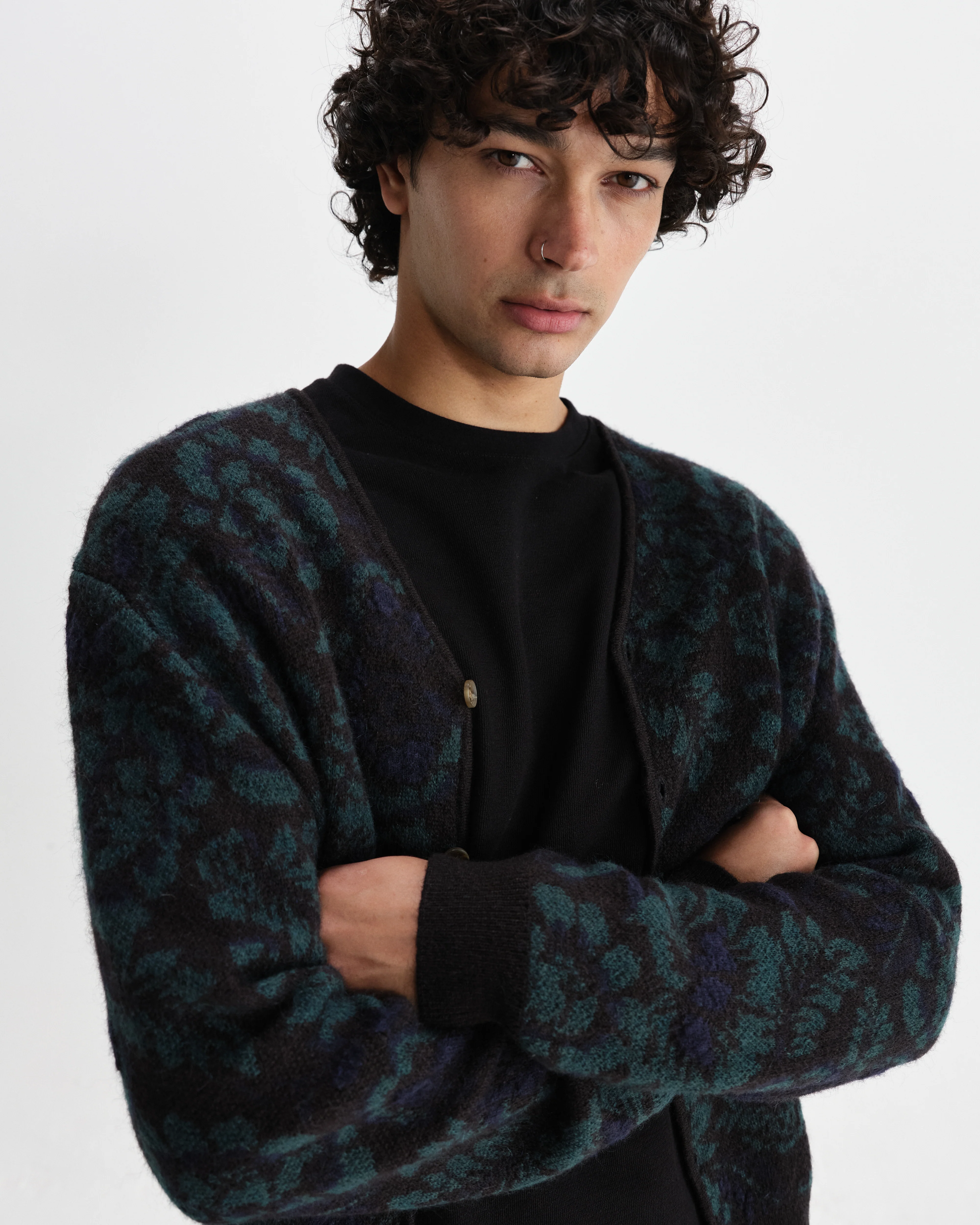Alban - Black And Green Floral Textured Jacquard Cardigan - Image 3