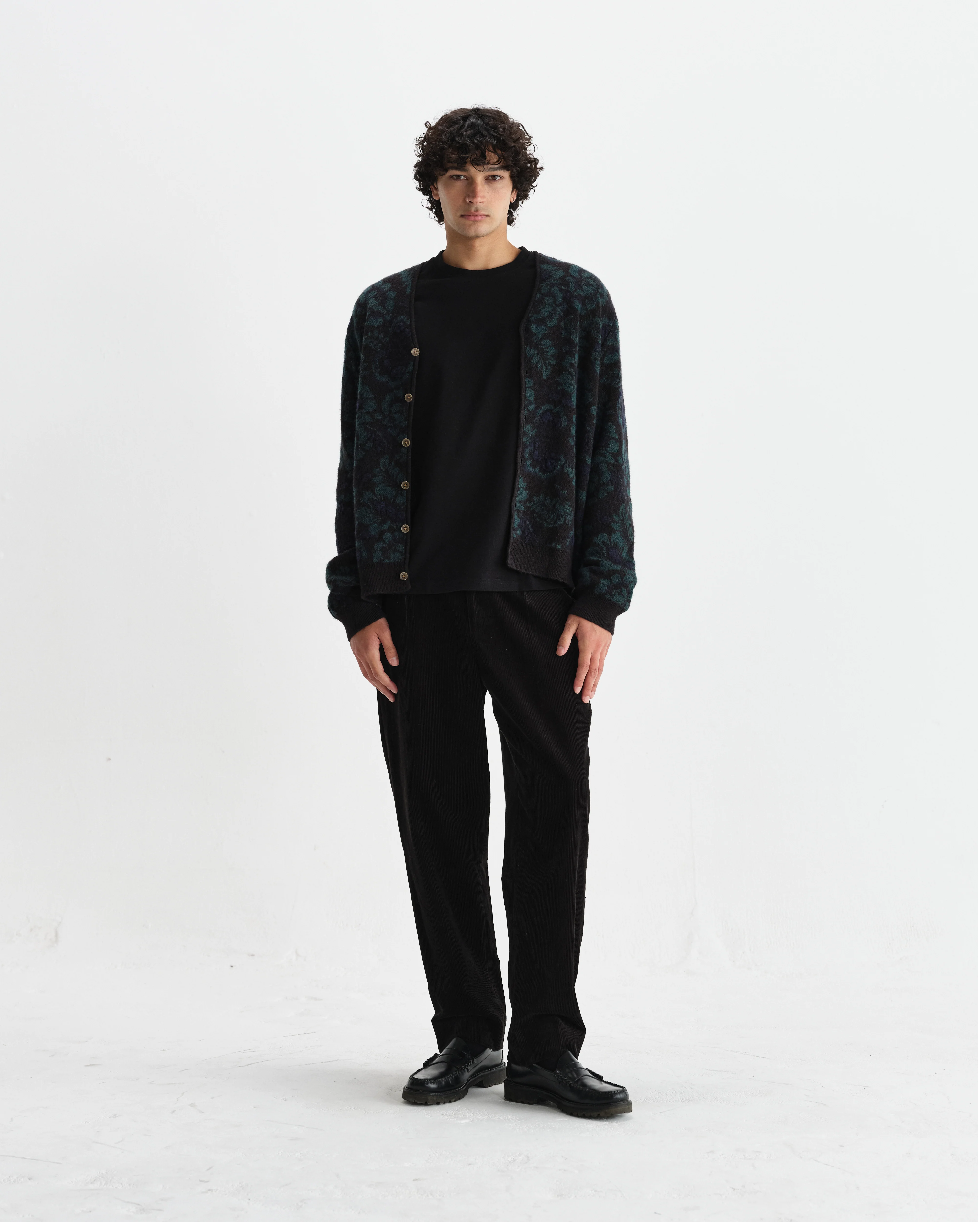 Alban - Black And Green Floral Textured Jacquard Cardigan - Image 4