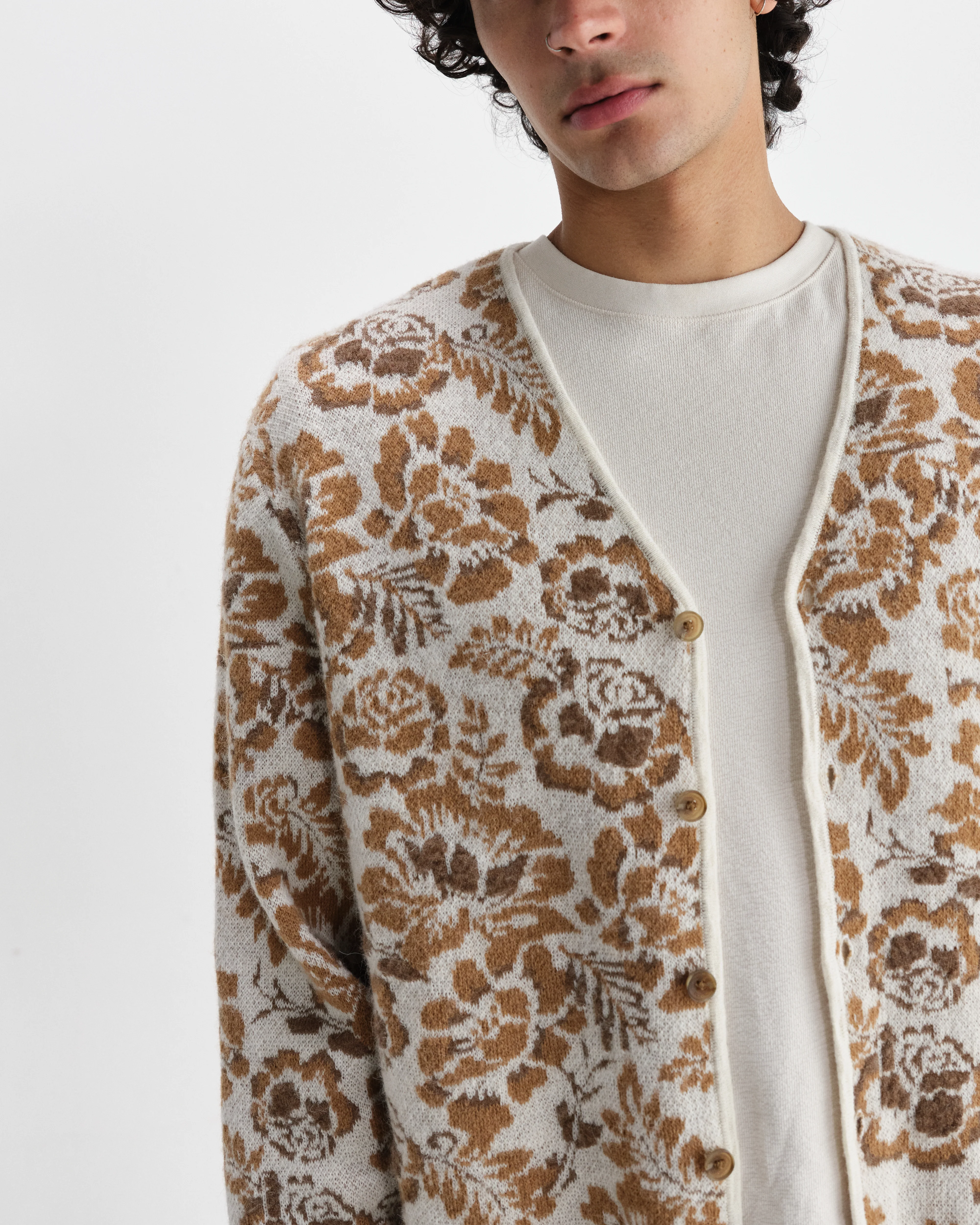 Alban - Natural And Brown Floral Textured Jacquard Cardigan - Image 3