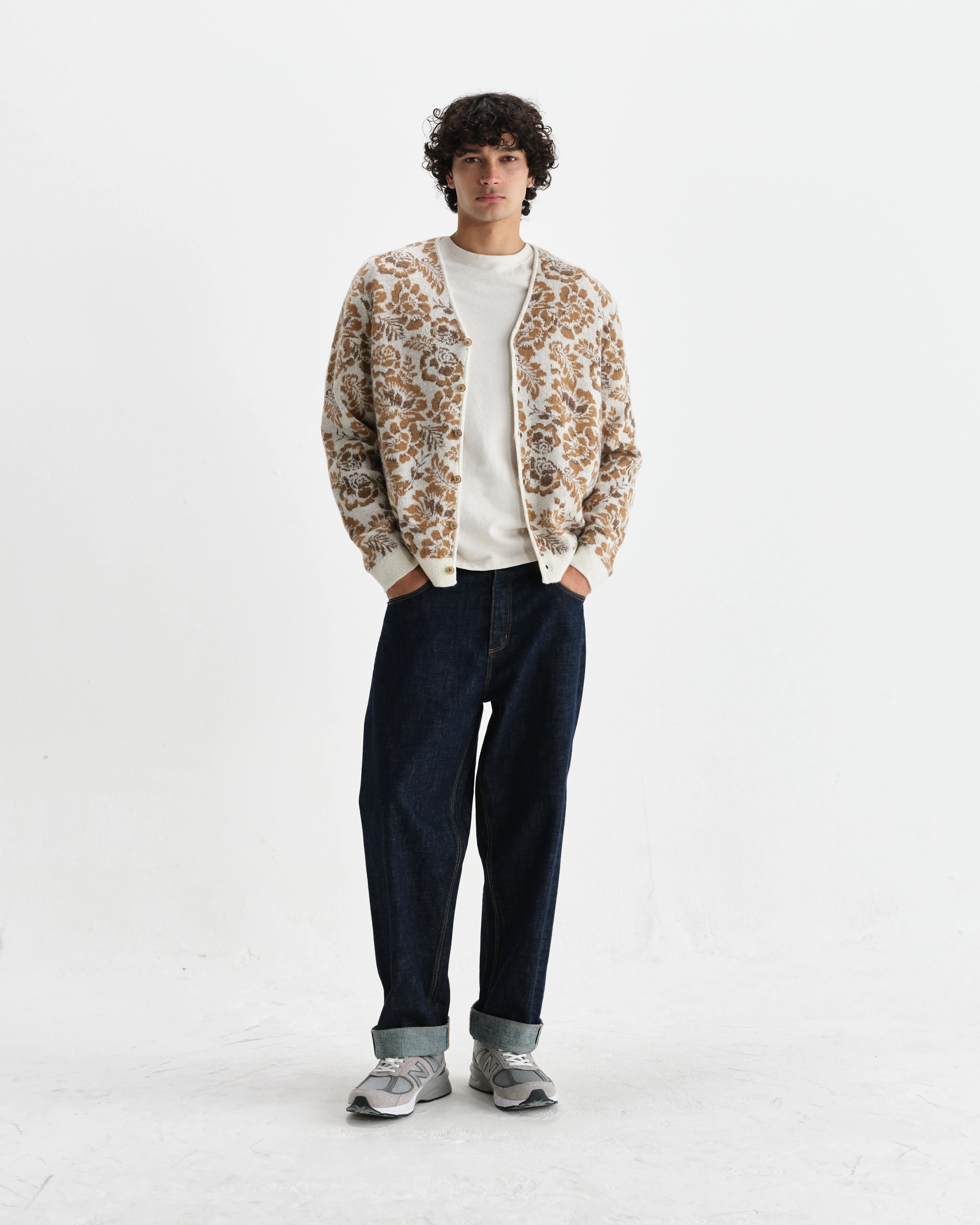Alban - Natural And Brown Floral Textured Jacquard Cardigan - Image 4