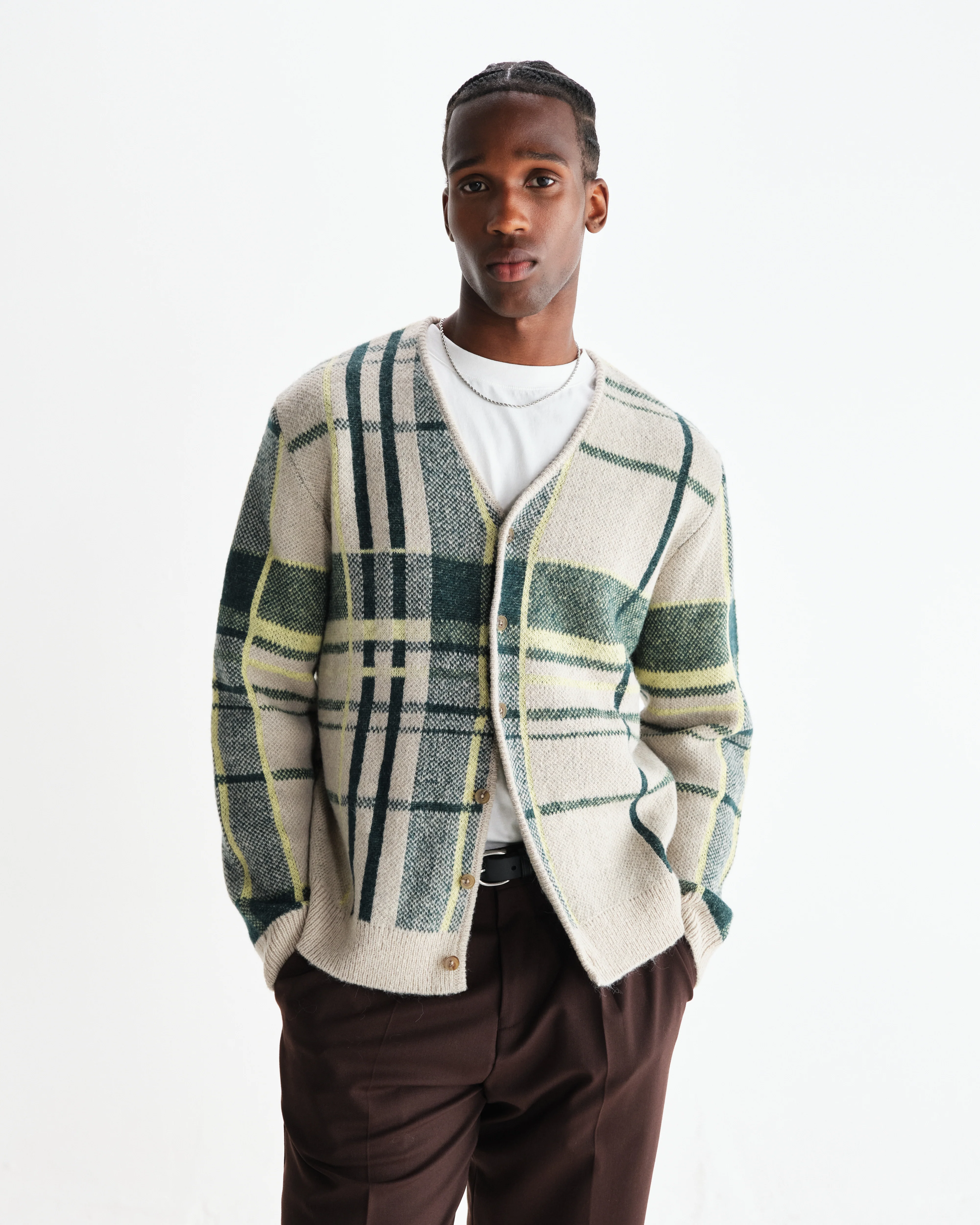 Alban - Natural And Green Plaid Check Cardigan - Image 2