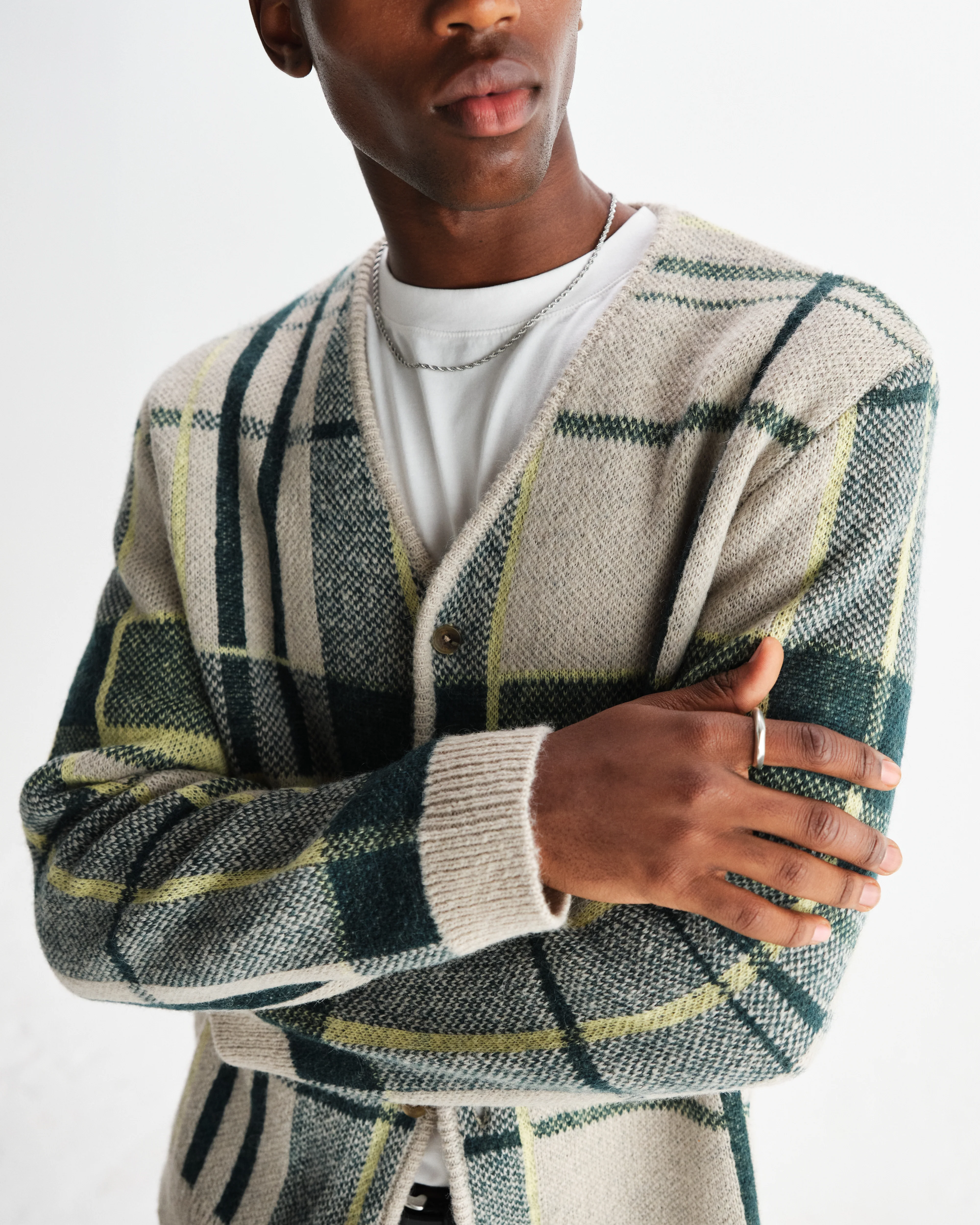 Alban - Natural And Green Plaid Check Cardigan - Image 3