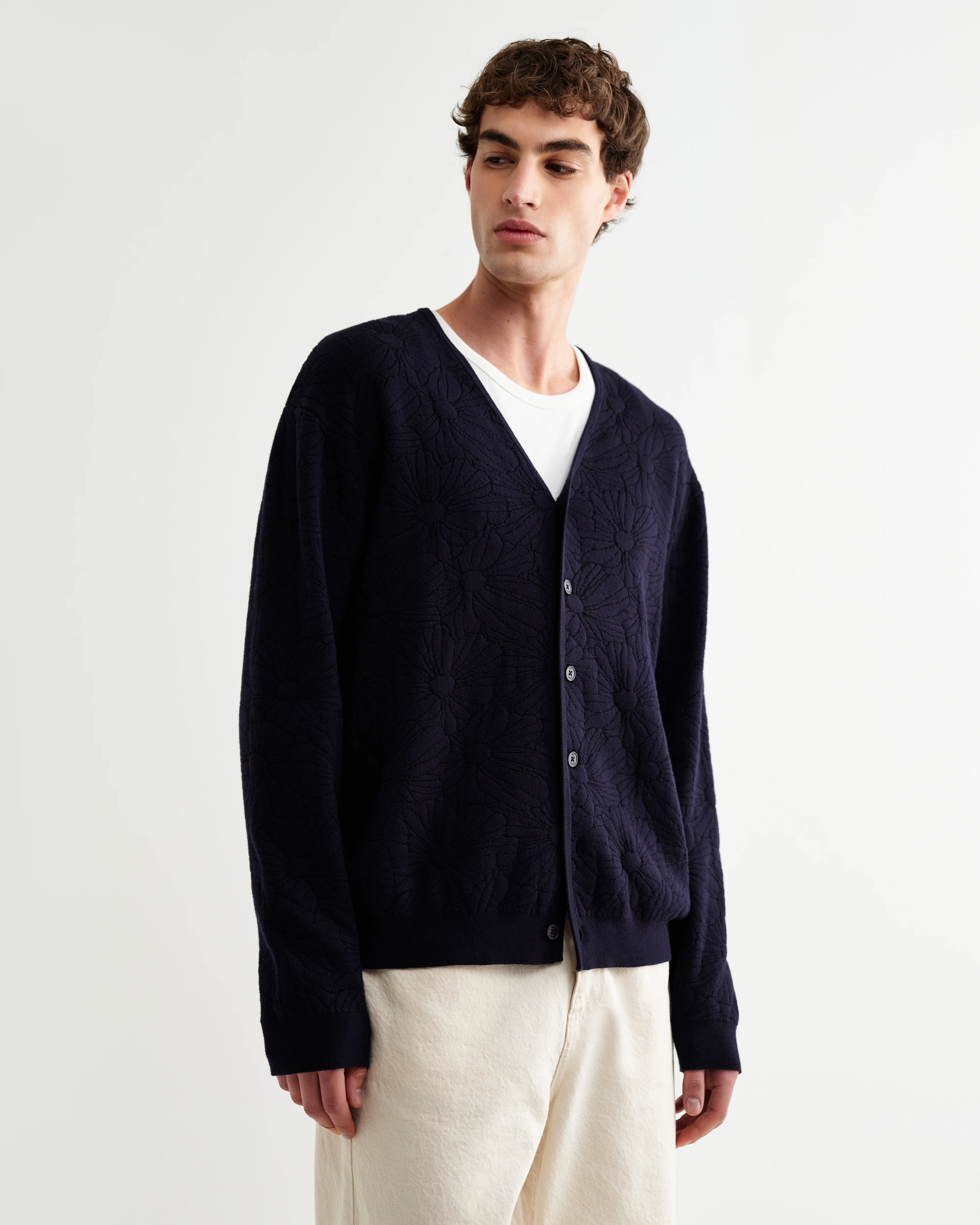 Alban - Navy And Black Floral Jacquard Cardigan - Image 3
