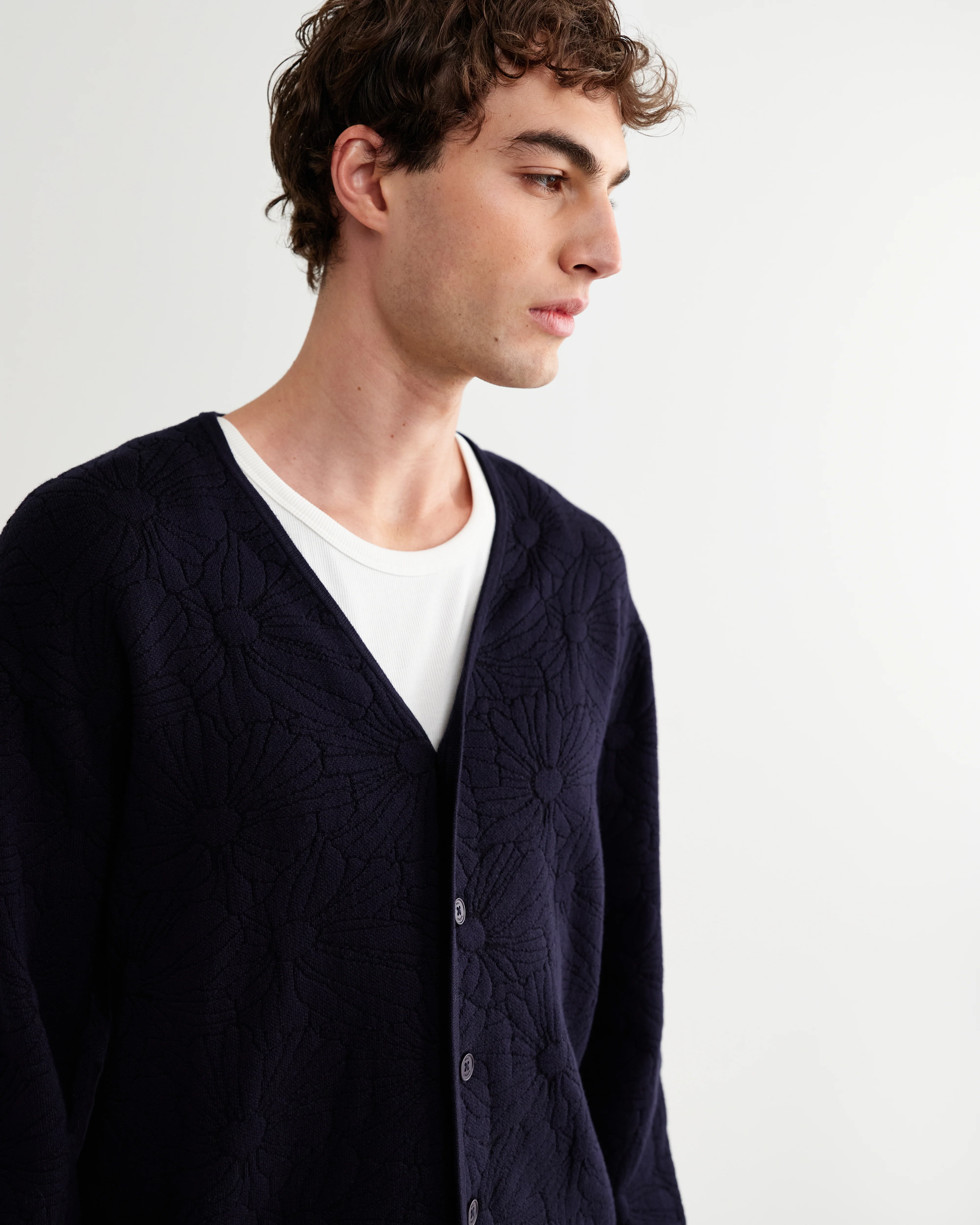 Alban - Navy And Black Floral Jacquard Cardigan - Image 4