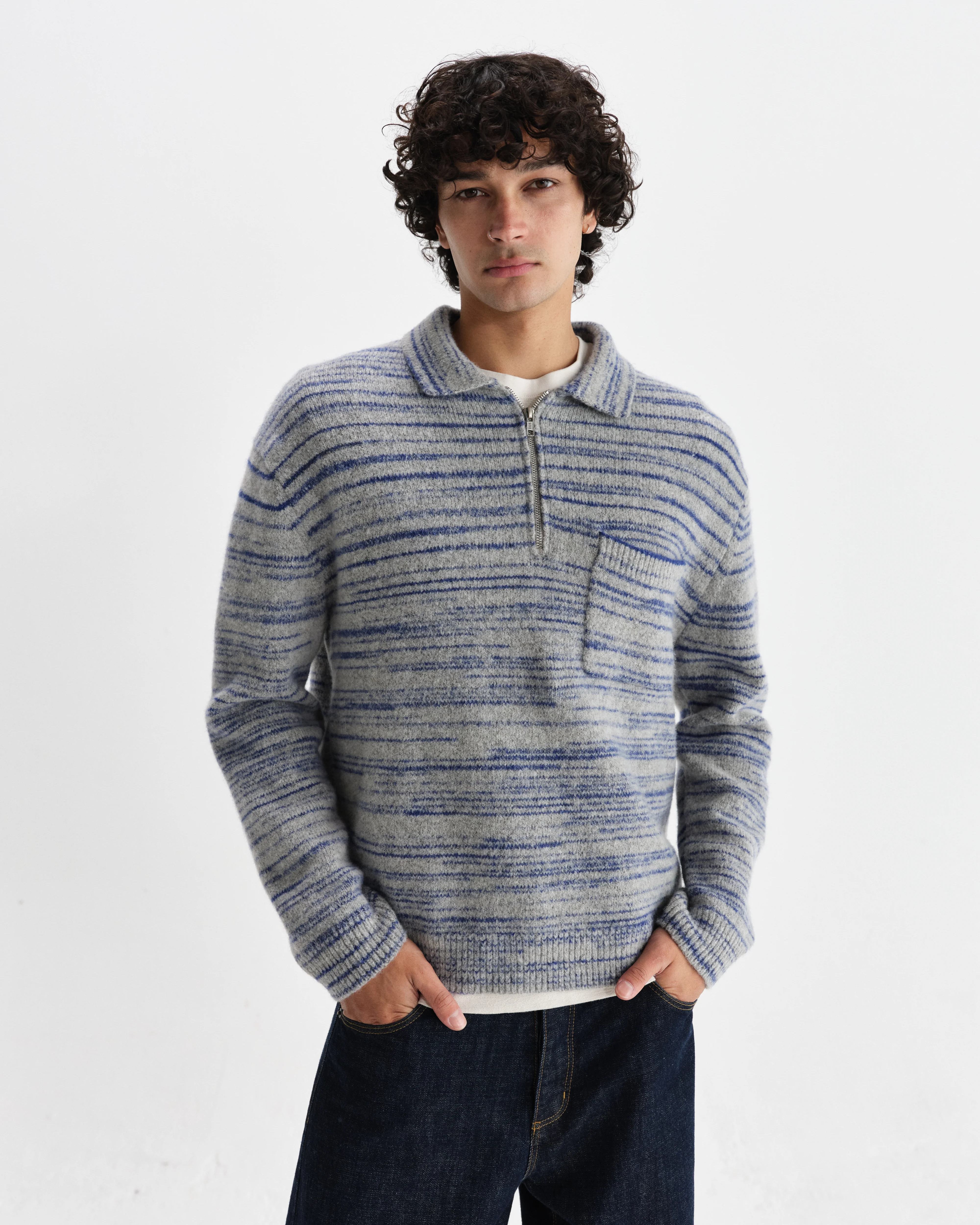 Alpha - Grey And Blue Space Dye Zip Polo - Image 2