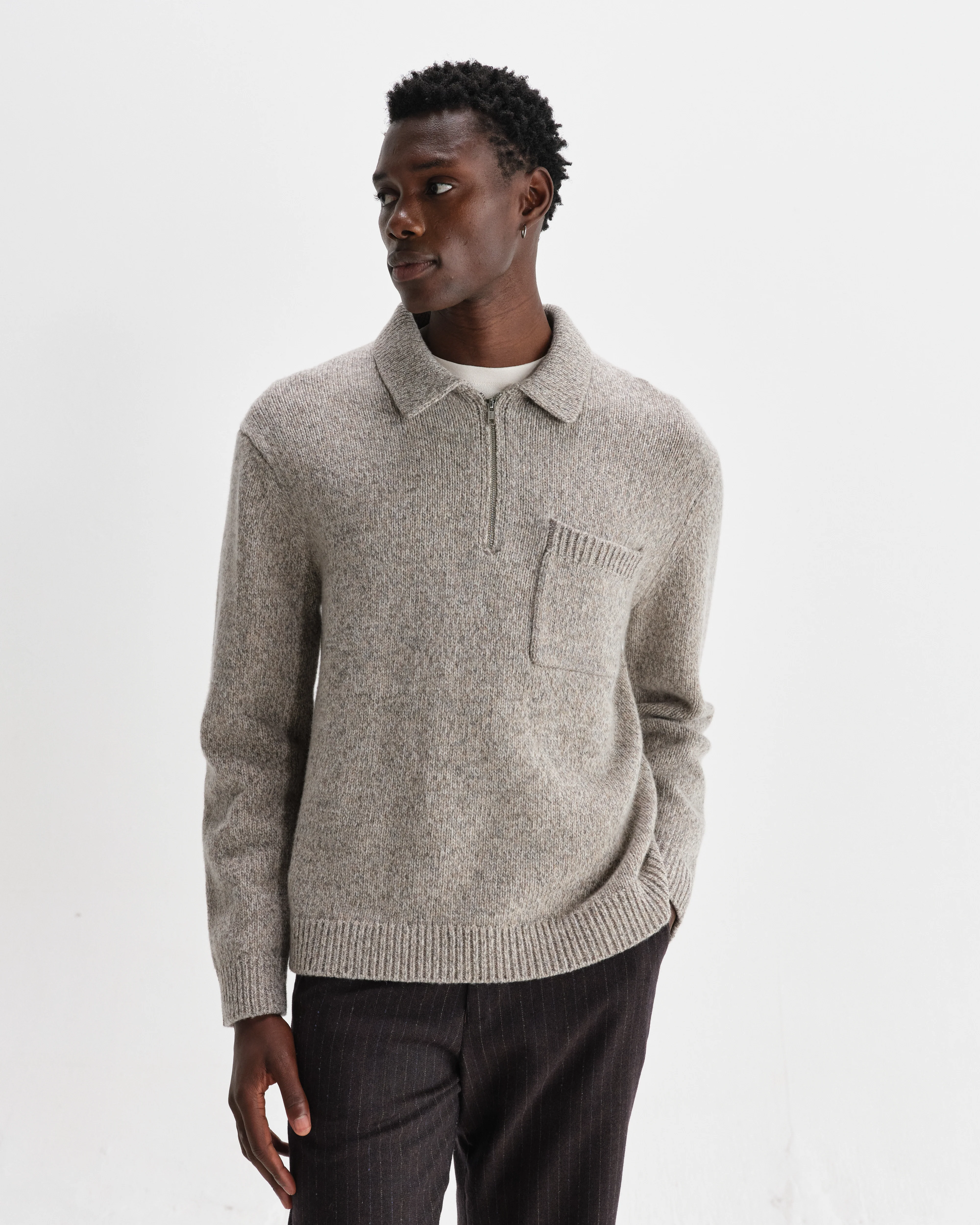 Alpha - Grey Plain Stitch Fleck-Wool Zip Polo - Image 2