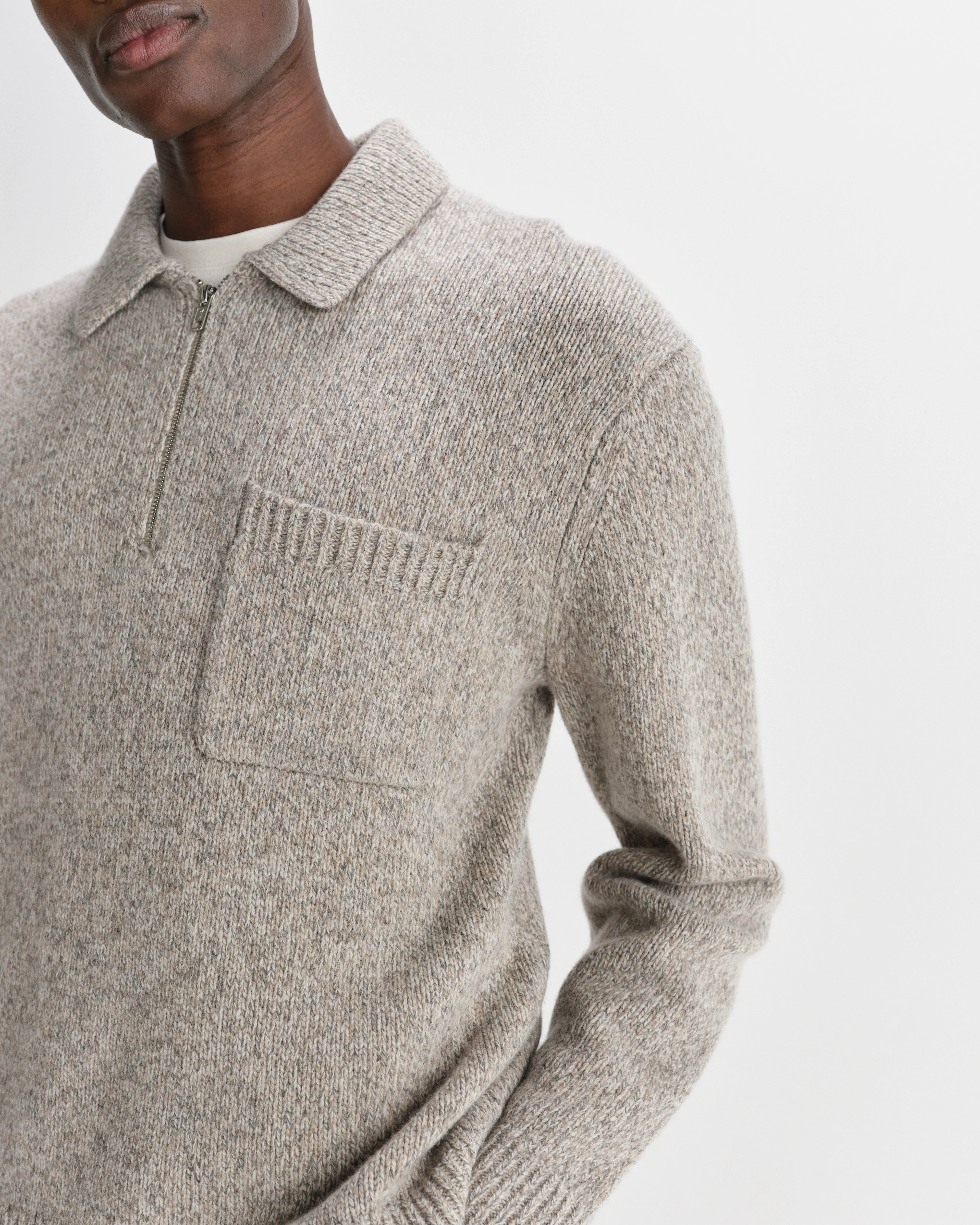Alpha - Grey Plain Stitch Fleck-Wool Zip Polo - Image 3