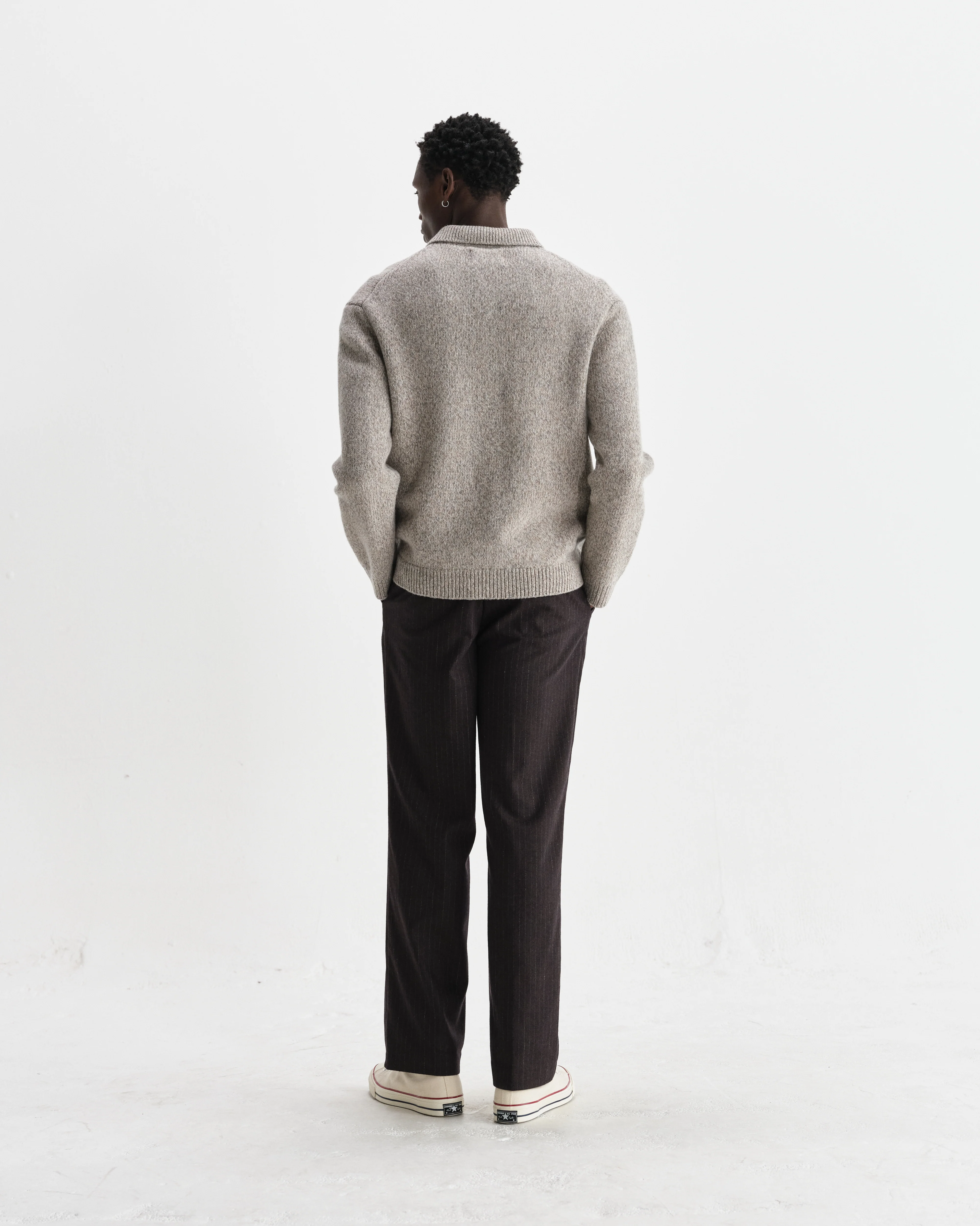 Alpha - Grey Plain Stitch Fleck-Wool Zip Polo - Image 6