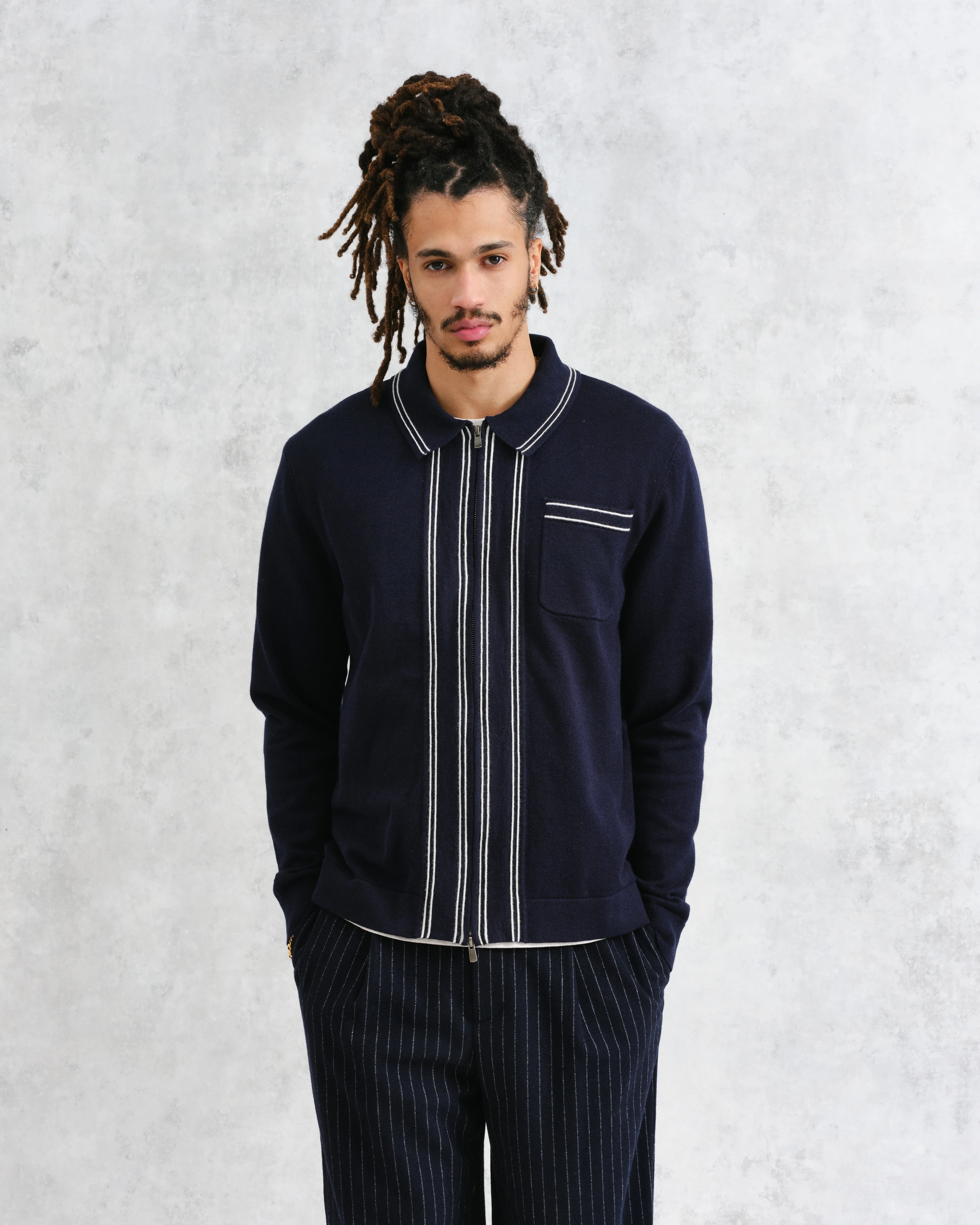 Amble - Navy Milano-Knit Long Sleeve Polo - Image 2