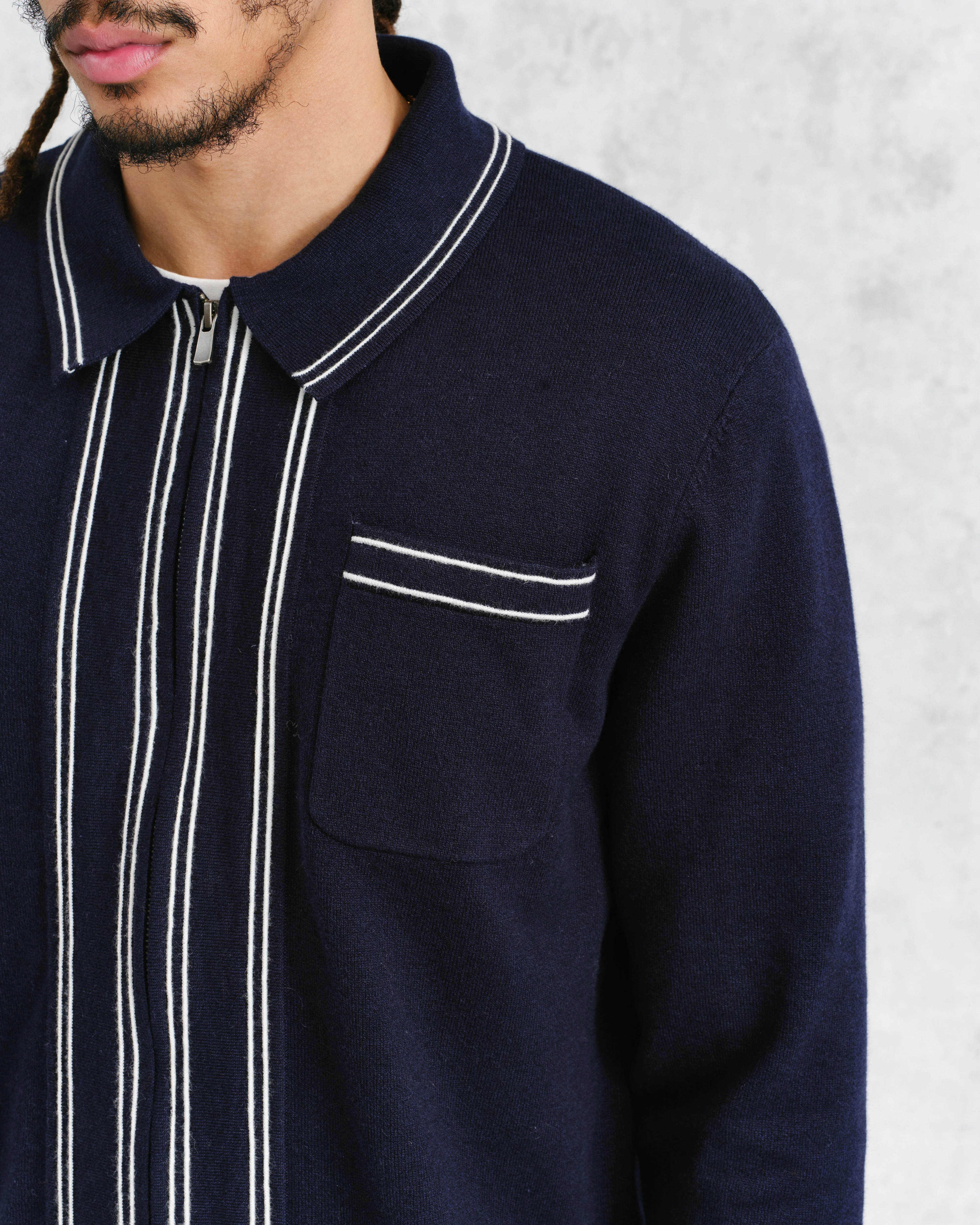 Amble - Navy Milano-Knit Long Sleeve Polo - Image 3
