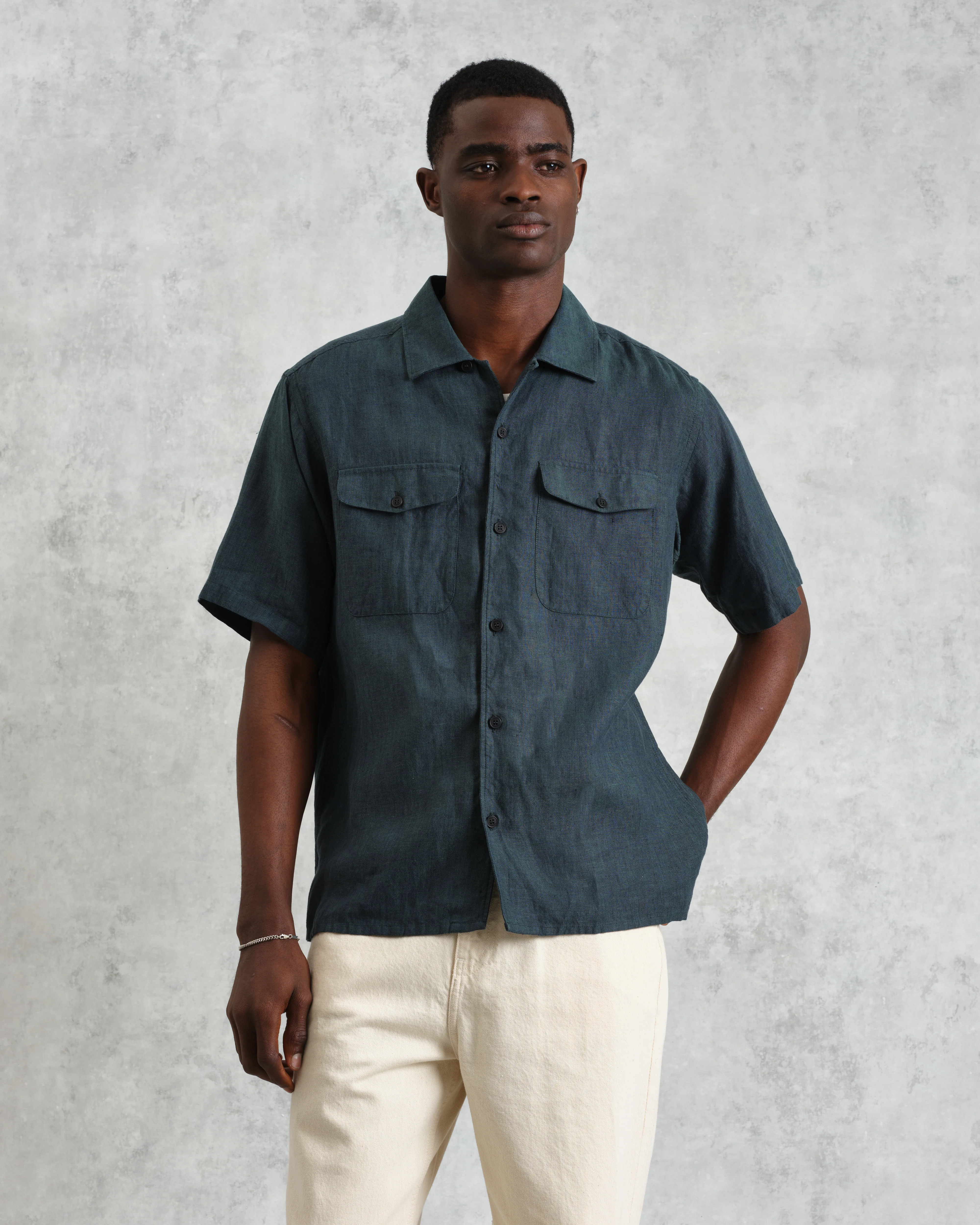 Bartlett - Dark Green Two-Tone Linen Short-Sleeve Shirt - Image 3