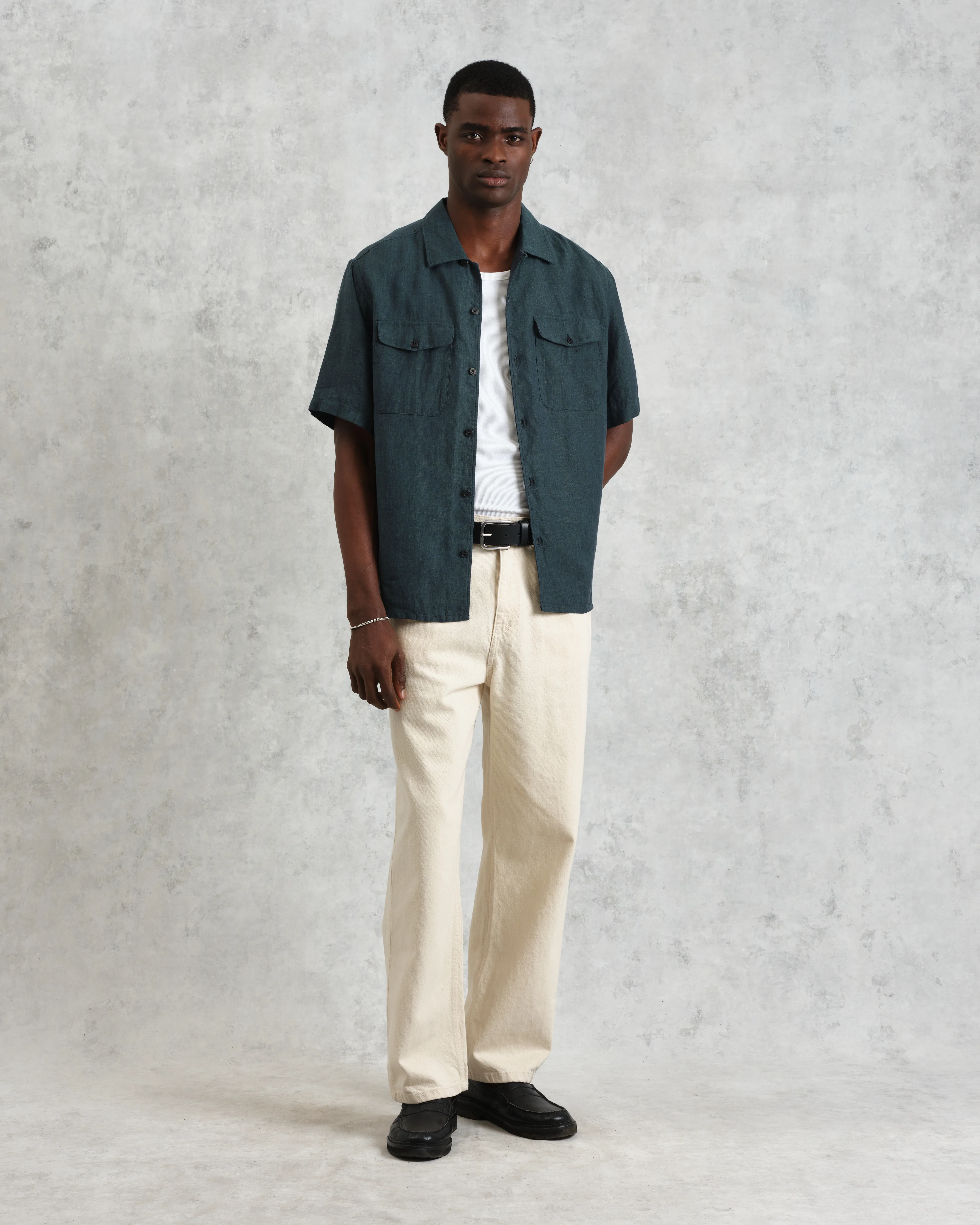 Bartlett - Dark Green Two-Tone Linen Short-Sleeve Shirt - Image 5