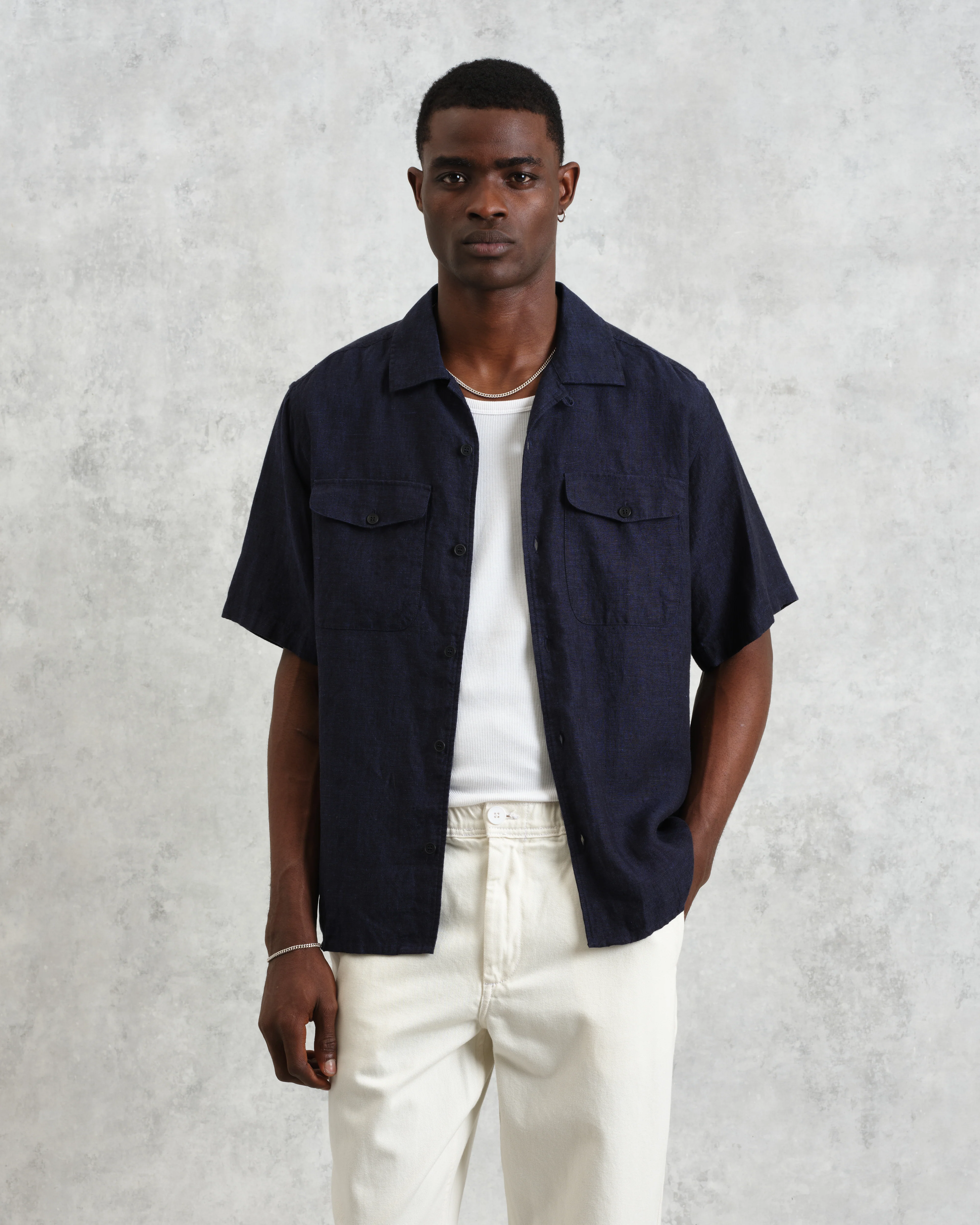 Bartlett - Navy Two-Tone Linen Short-Sleeve Shirt - Image 2
