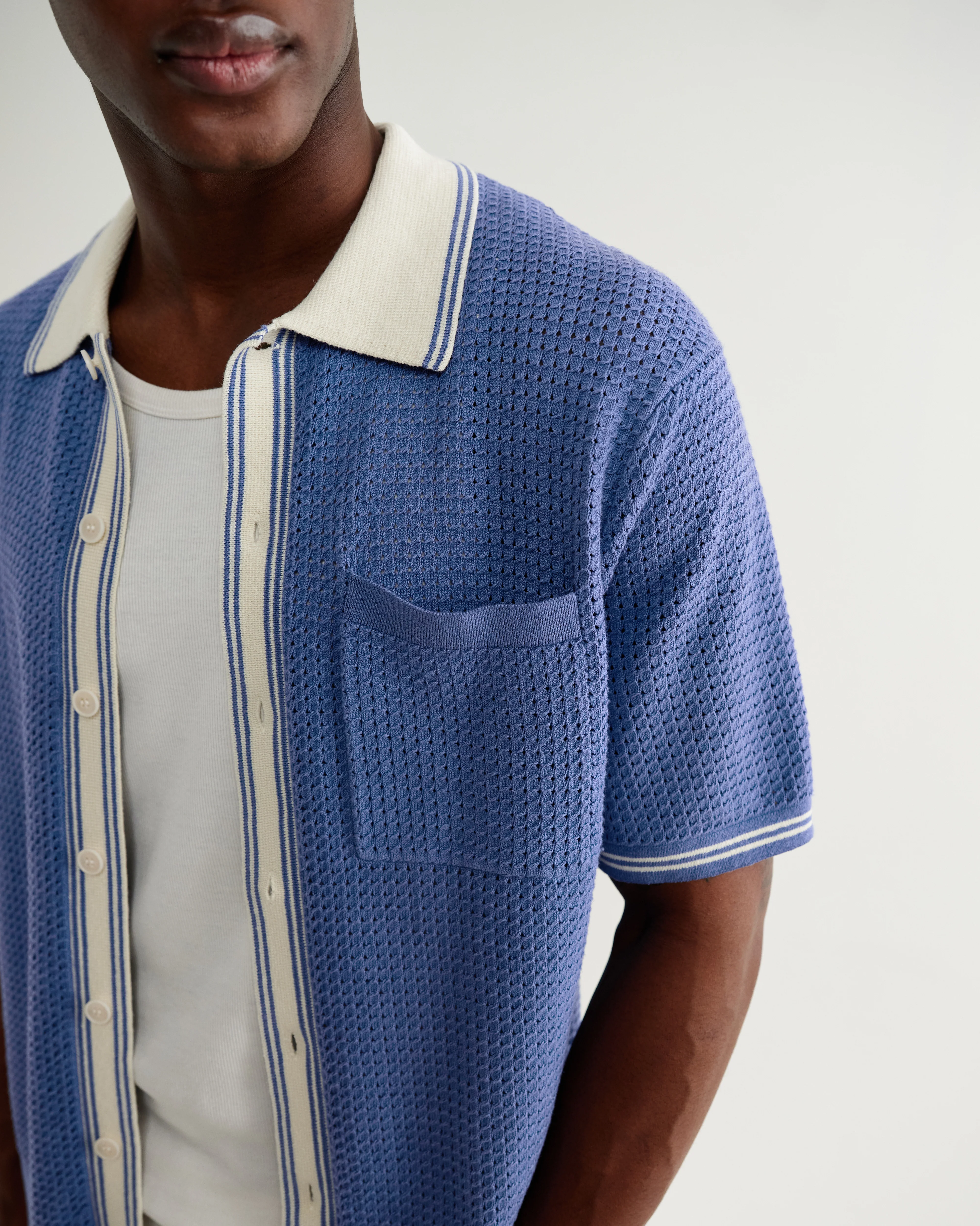 Belle - Blue Tipped Pointelle Polo Shirt - Image 3