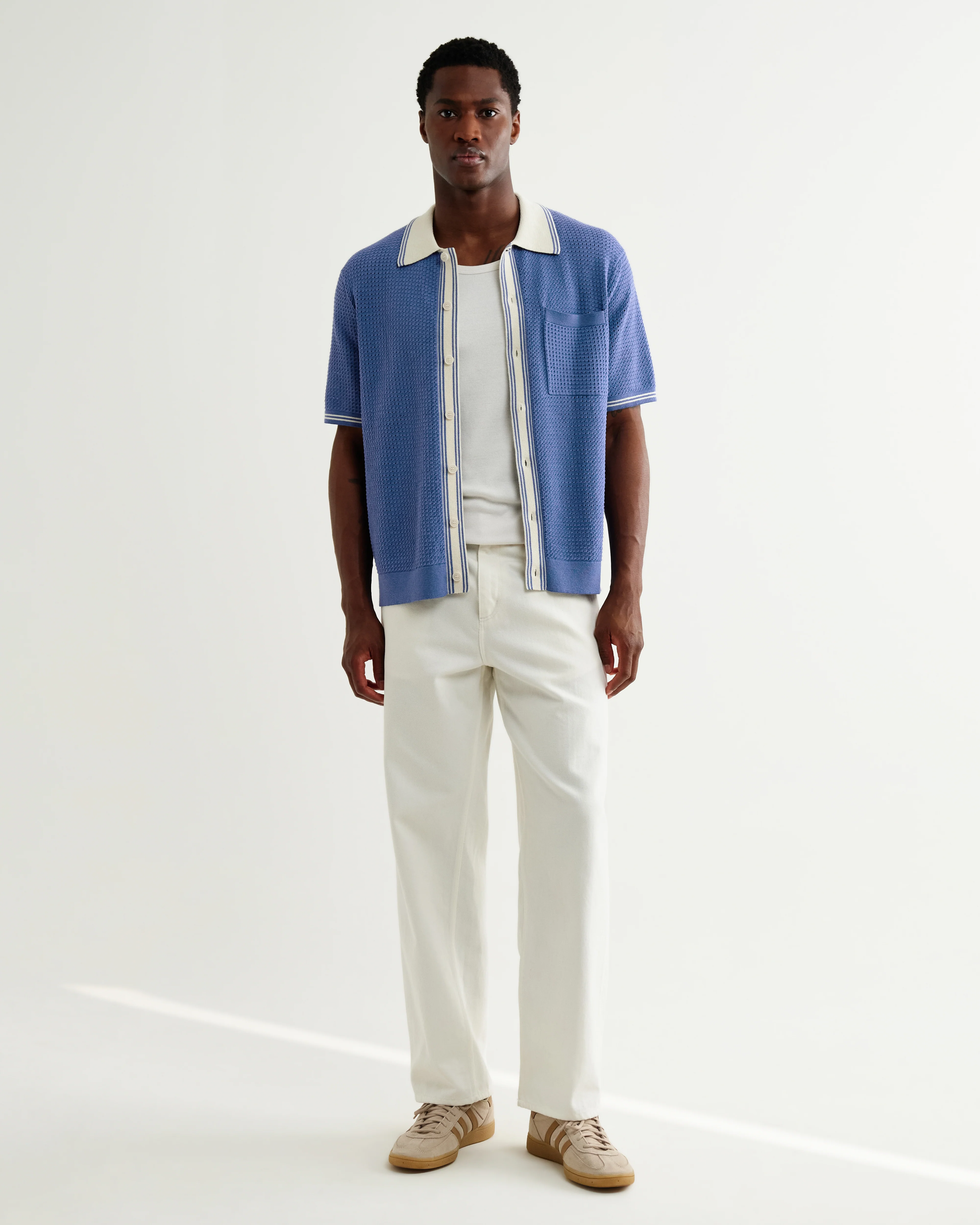 Belle - Blue Tipped Pointelle Polo Shirt - Image 4