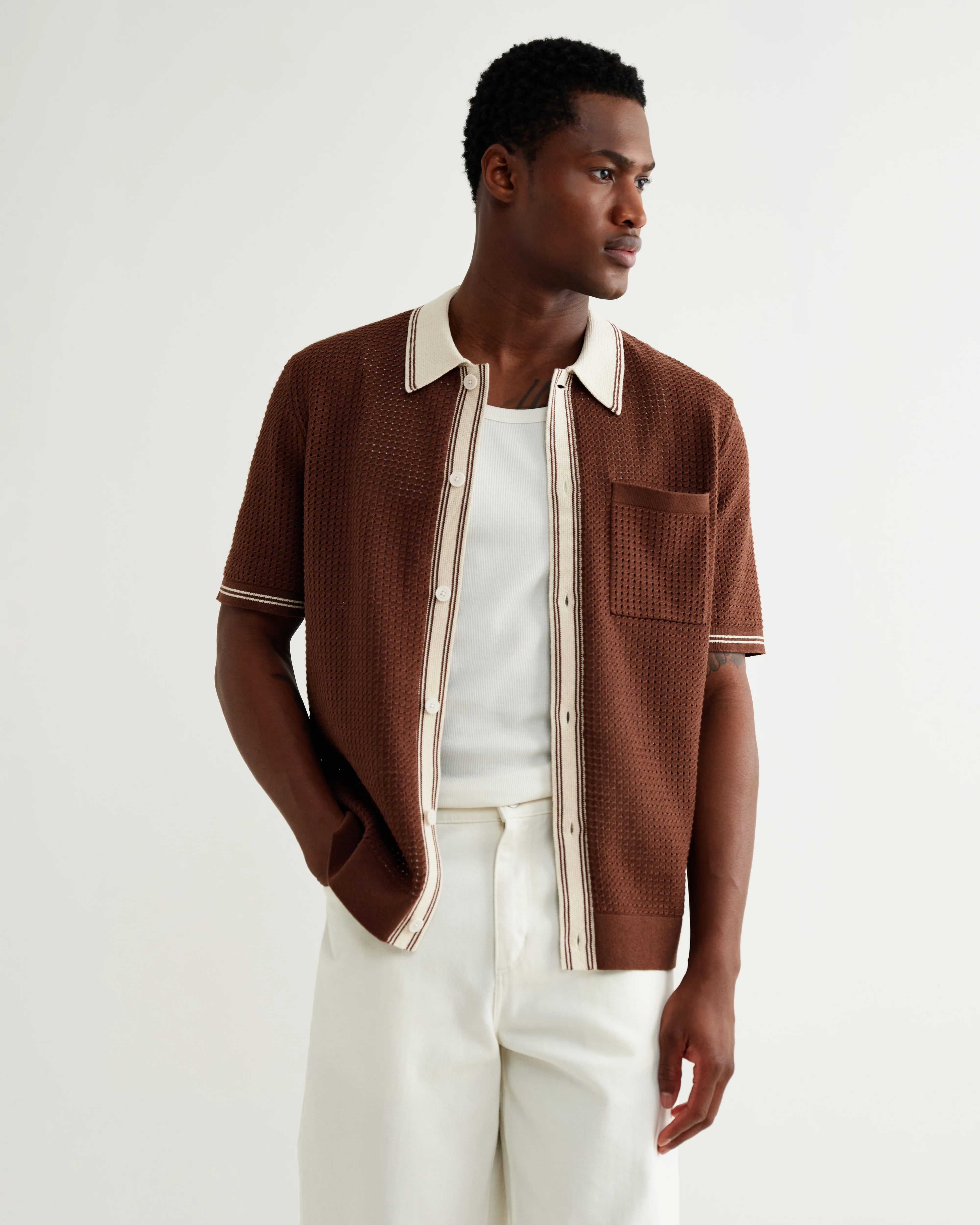 Belle - Dark Brown Tipped Pointelle Polo Shirt - Image 2