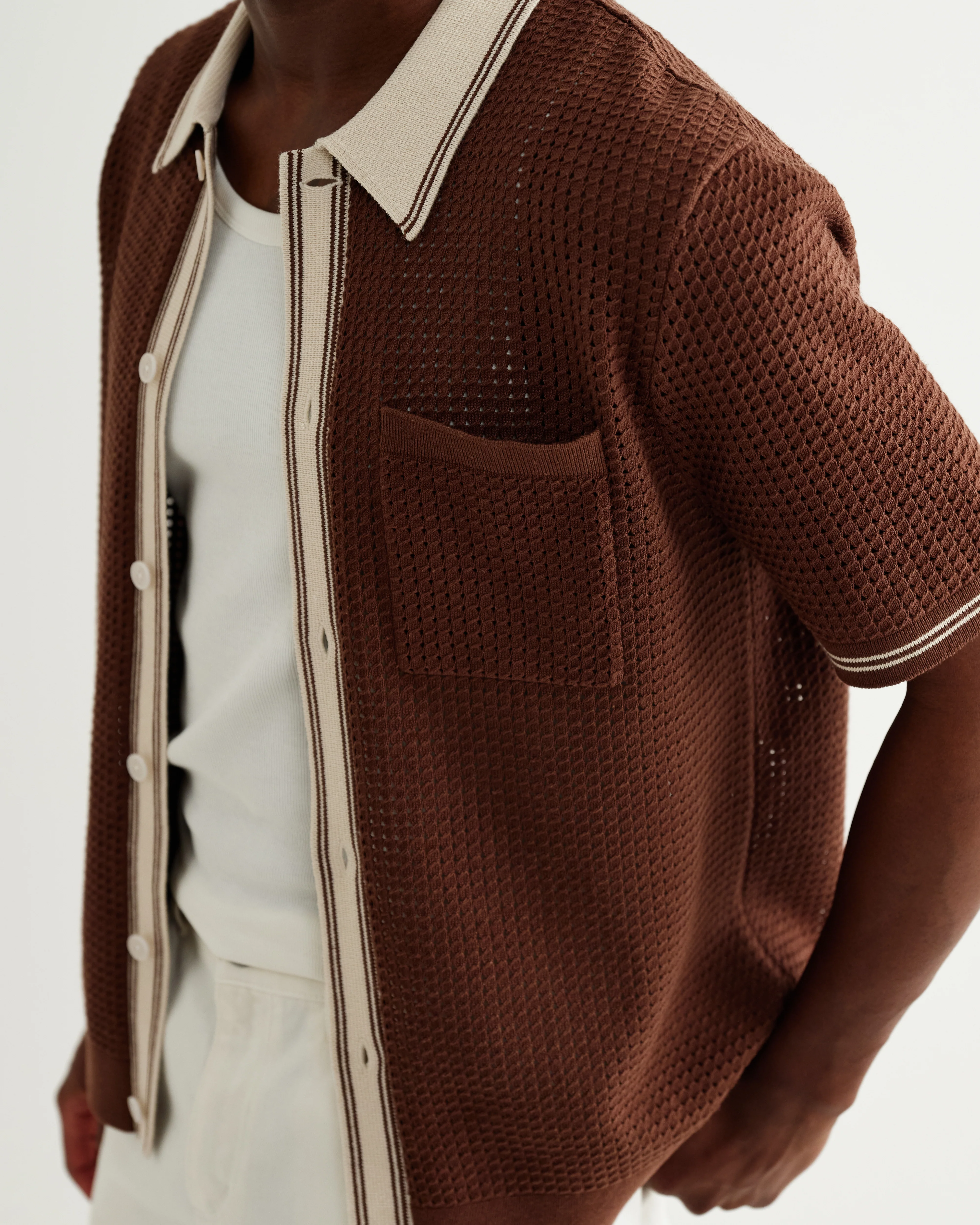 Belle - Dark Brown Tipped Pointelle Polo Shirt - Image 4