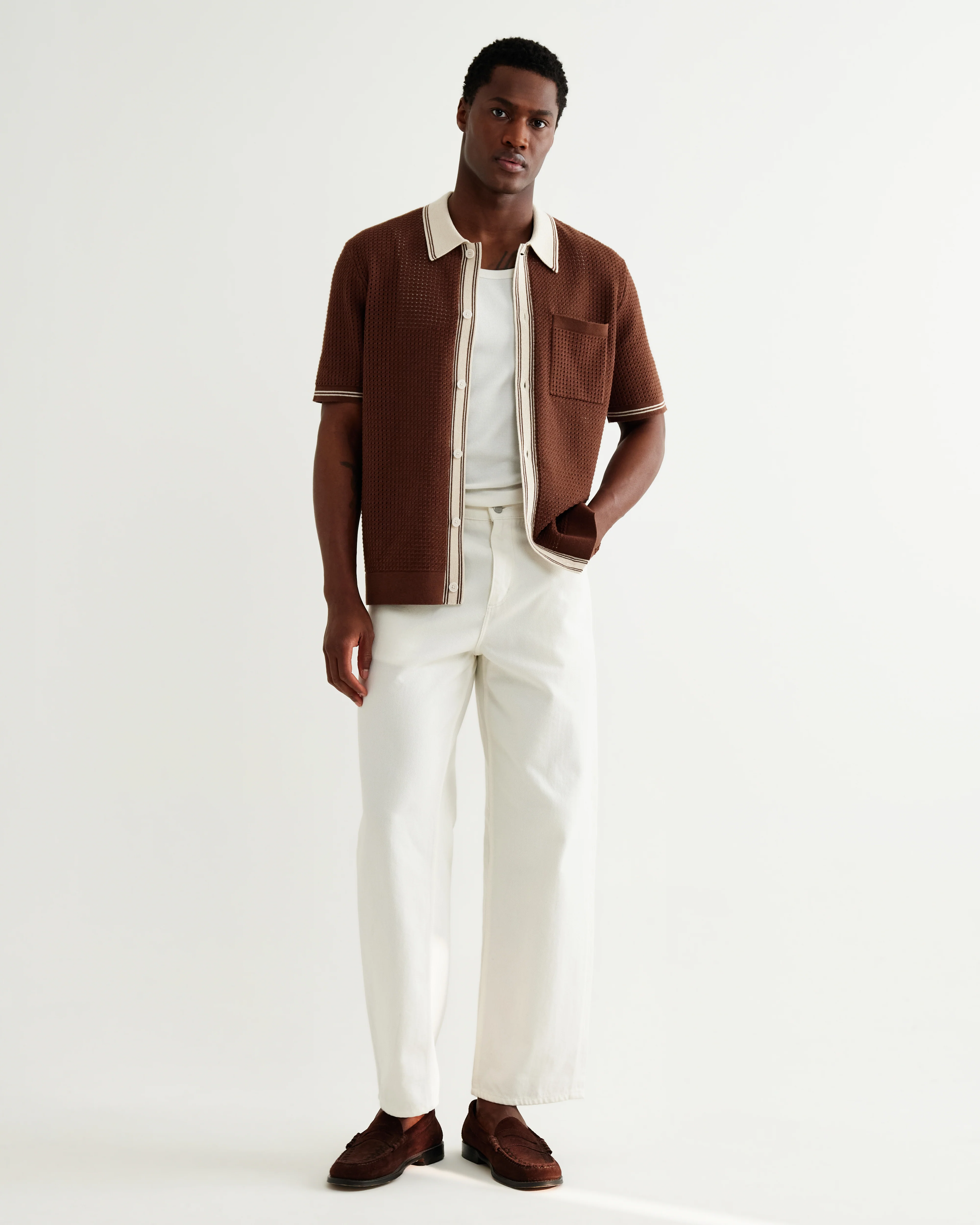 Belle - Dark Brown Tipped Pointelle Polo Shirt - Image 5