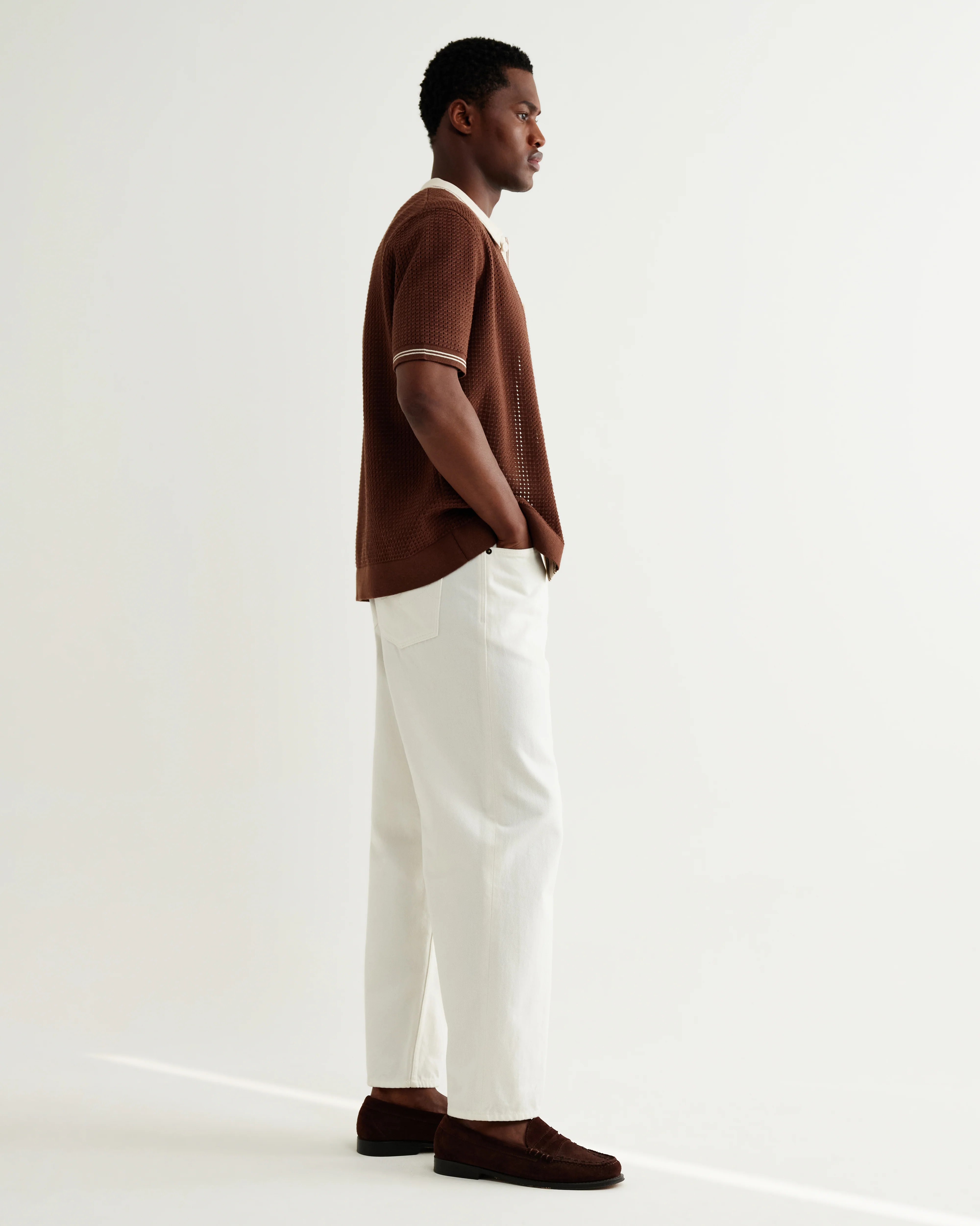 Belle - Dark Brown Tipped Pointelle Polo Shirt - Image 6
