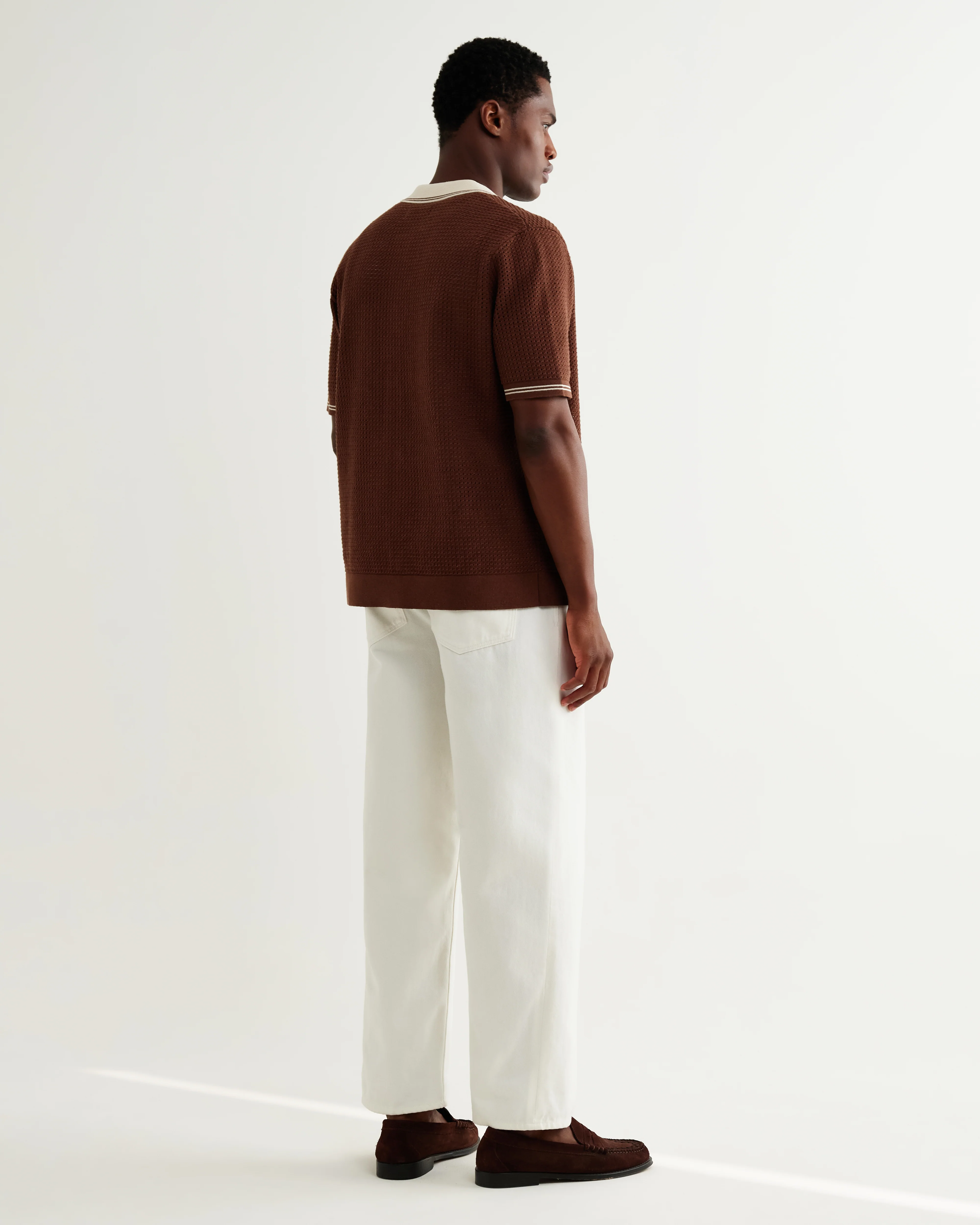 Belle - Dark Brown Tipped Pointelle Polo Shirt - Image 7