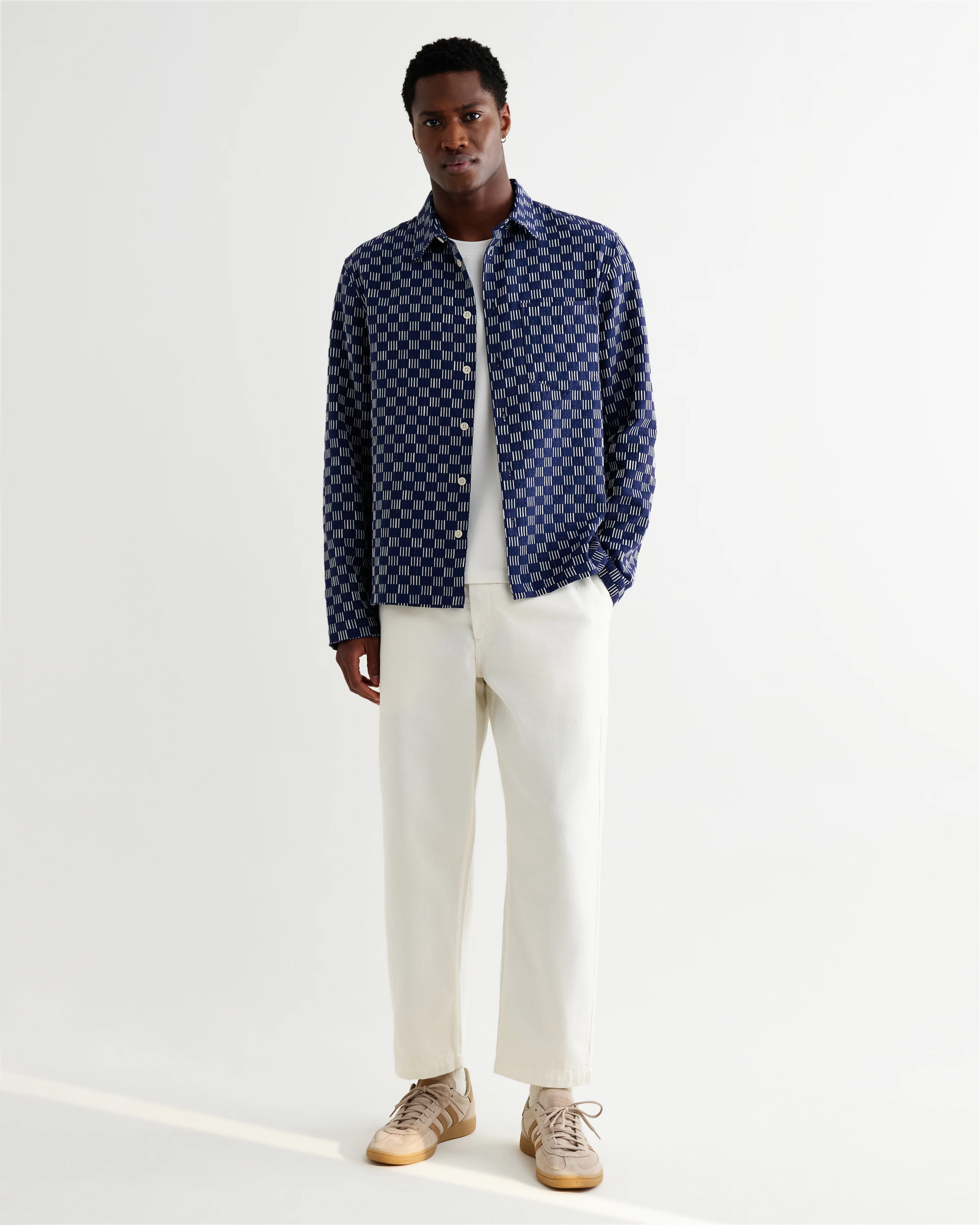 Breton - Indigo And Ecru Geometric Grid Stitch Overshirt - Image 5