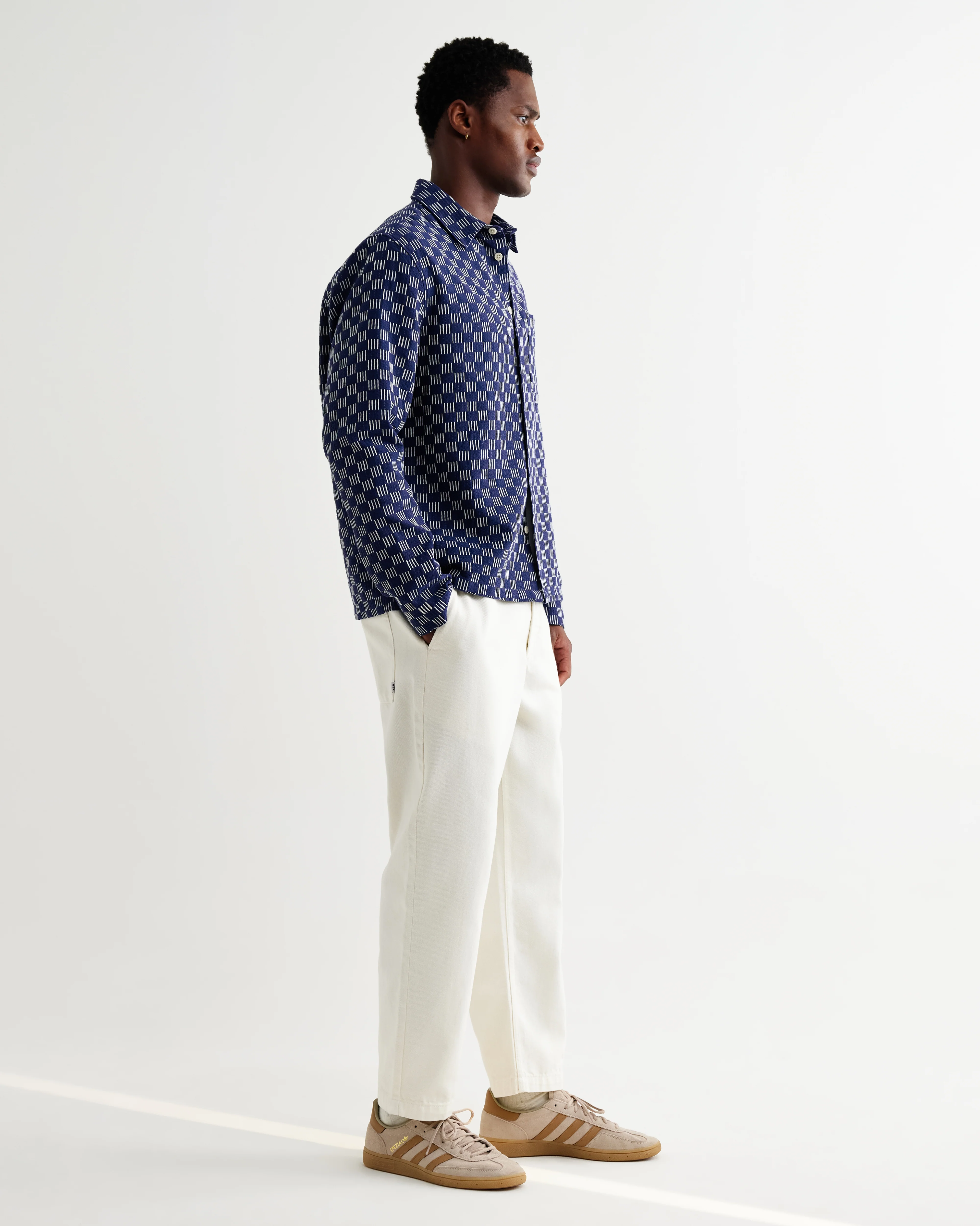 Breton - Indigo And Ecru Geometric Grid Stitch Overshirt - Image 6