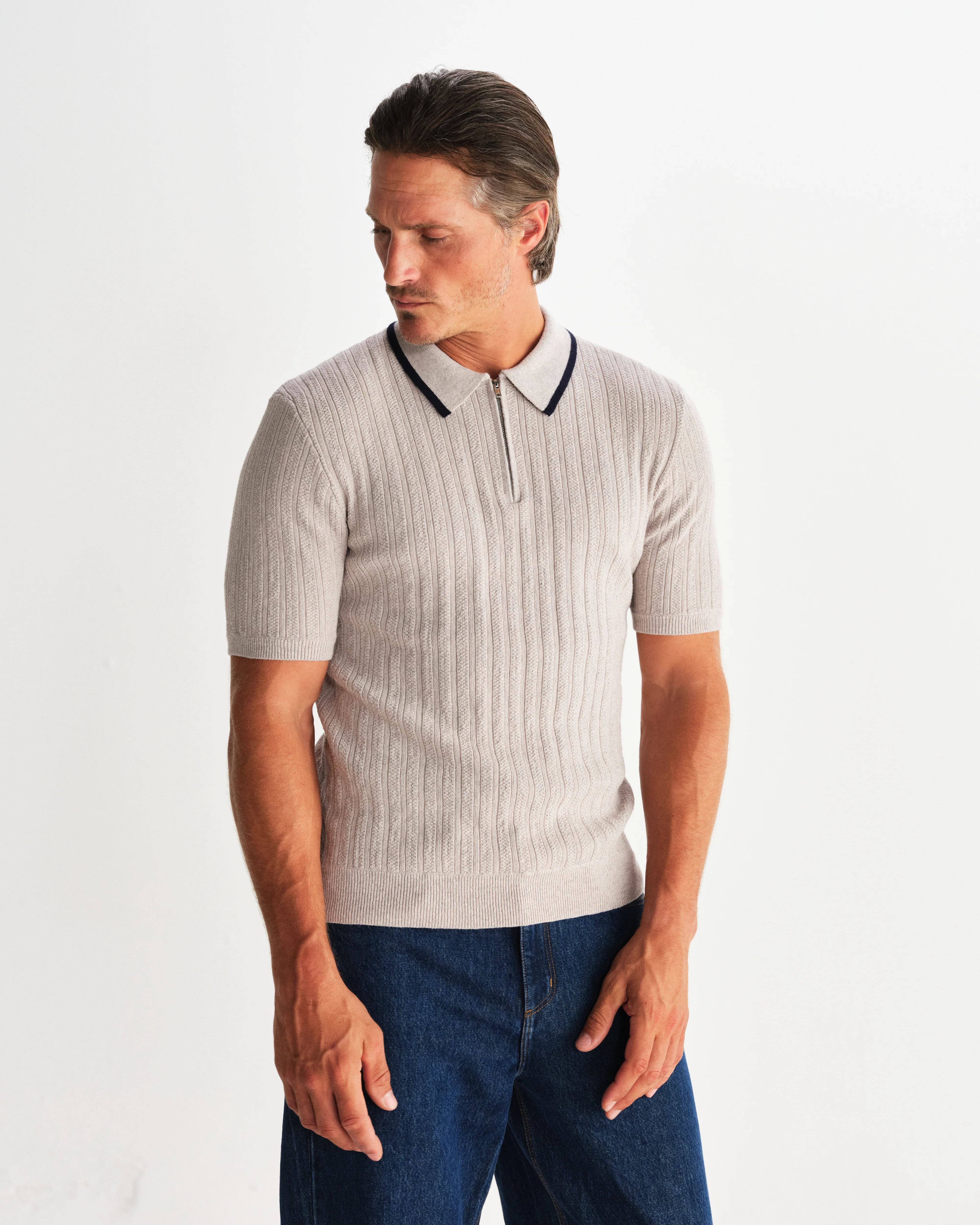 Bury - Natural Melange Stripe Zip Polo - Image 2