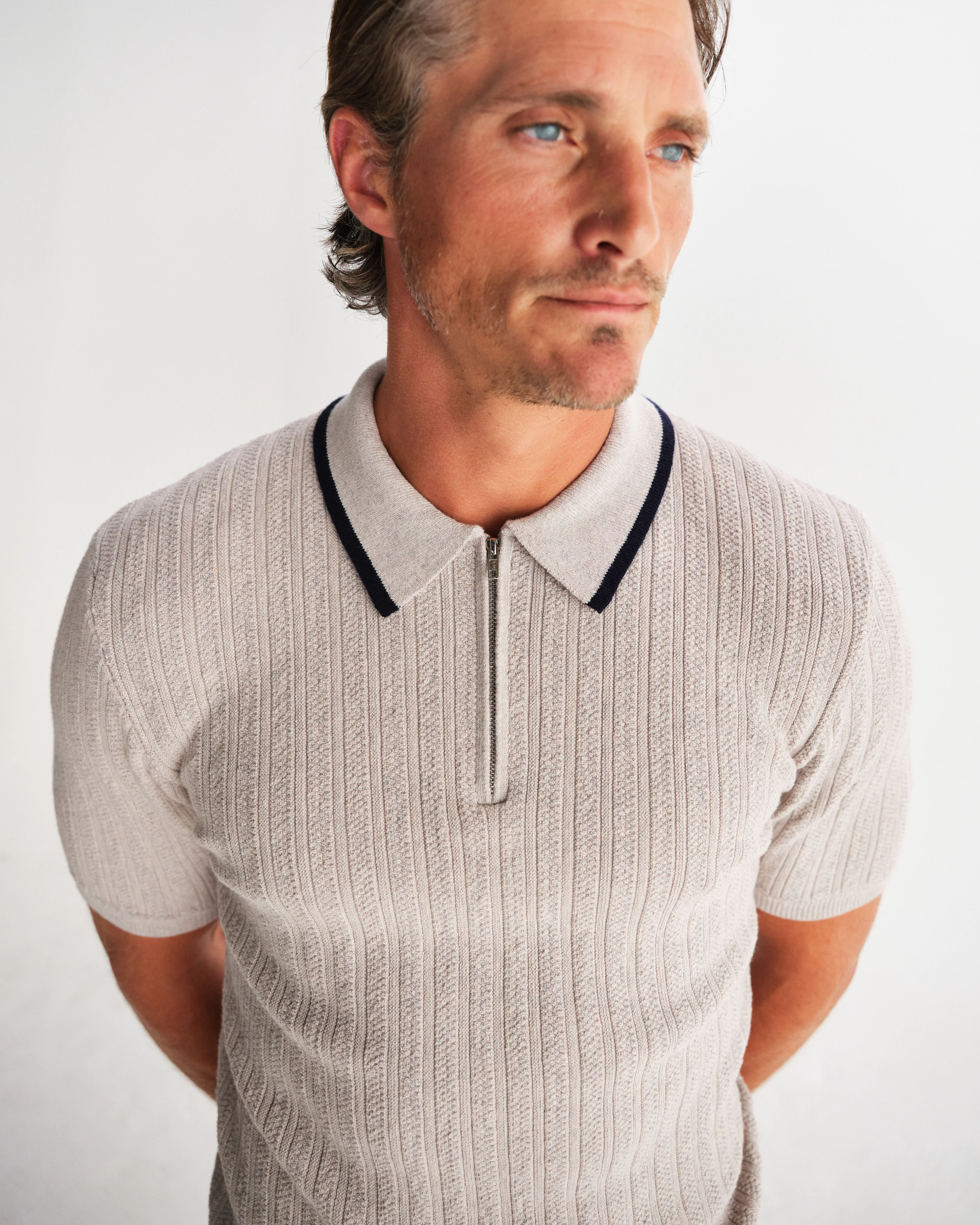 Bury - Natural Melange Stripe Zip Polo - Image 3