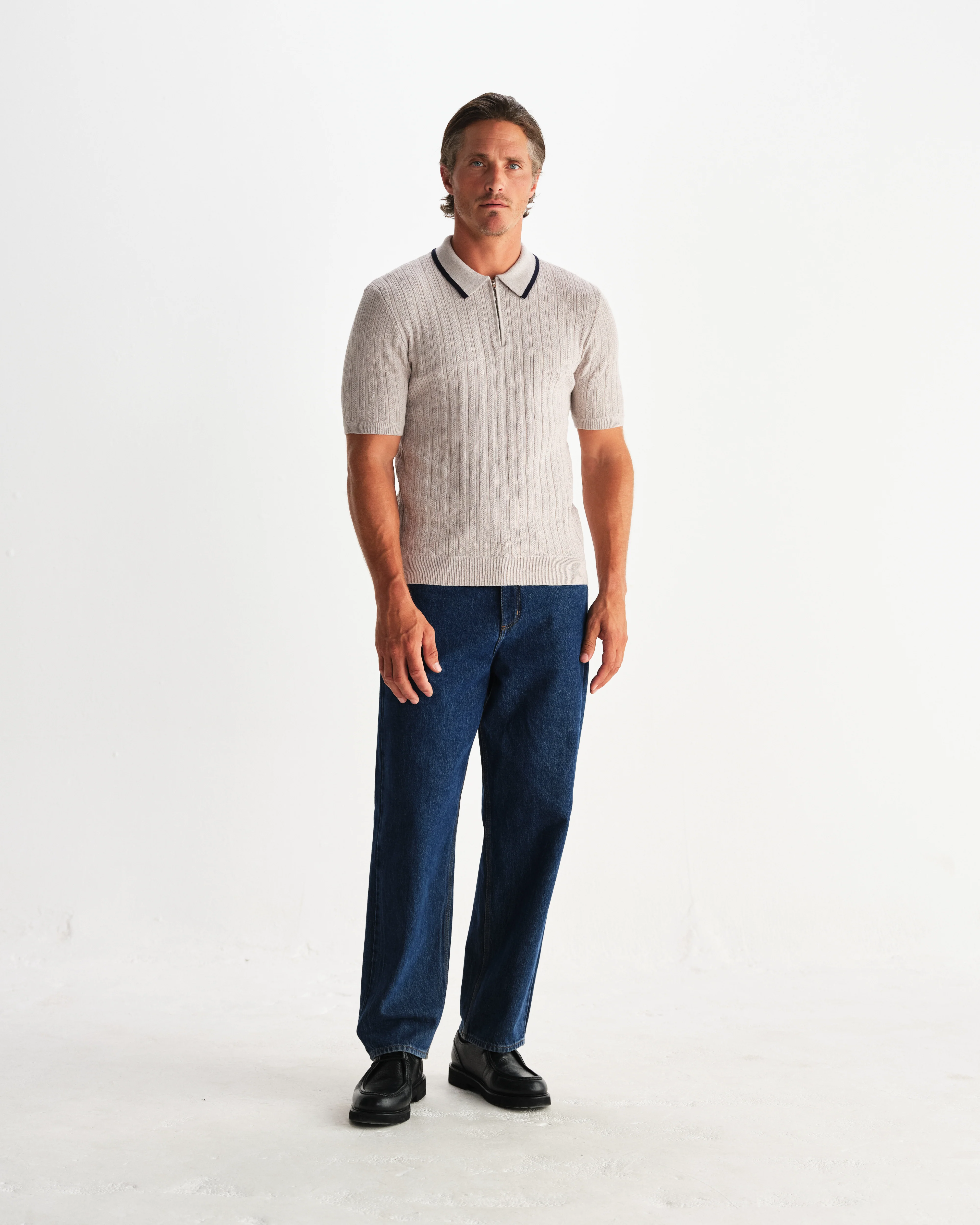Bury - Natural Melange Stripe Zip Polo - Image 4