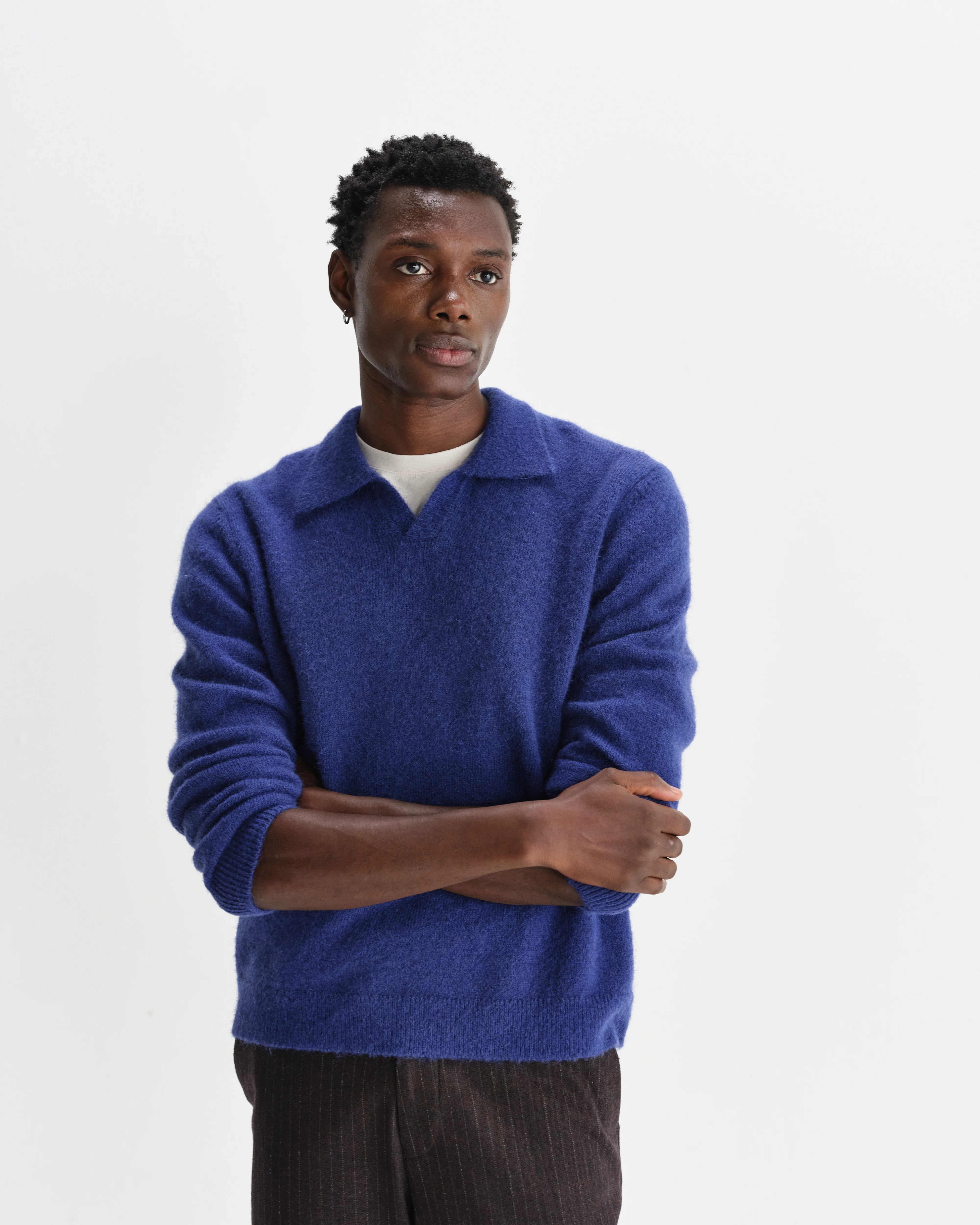 Carter - Blue Open Collar Fluffy Wool Knit Polo - Image 3