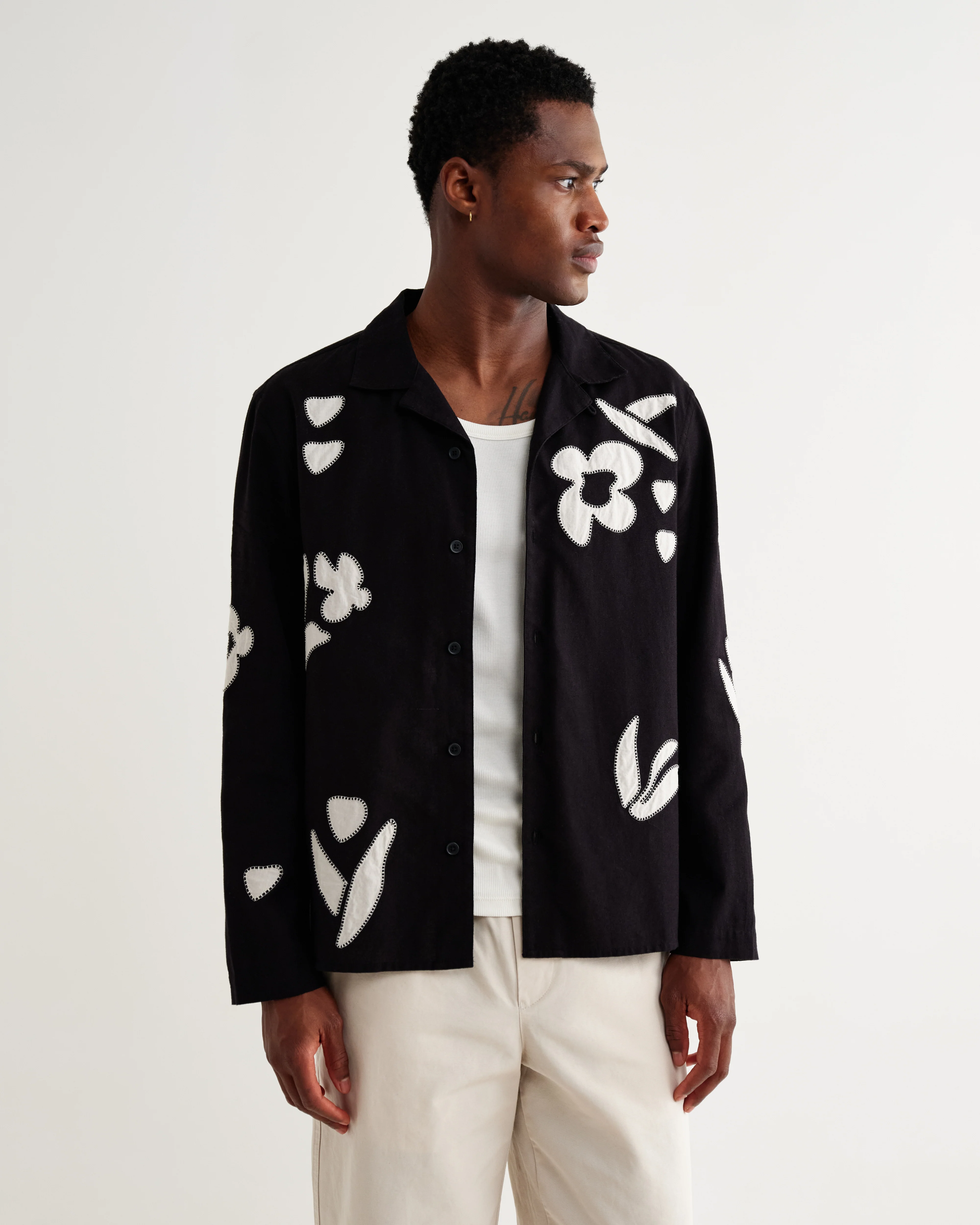Corey - Black And Beige Abstract Applique Cotton-Linen Shirt - Image 2