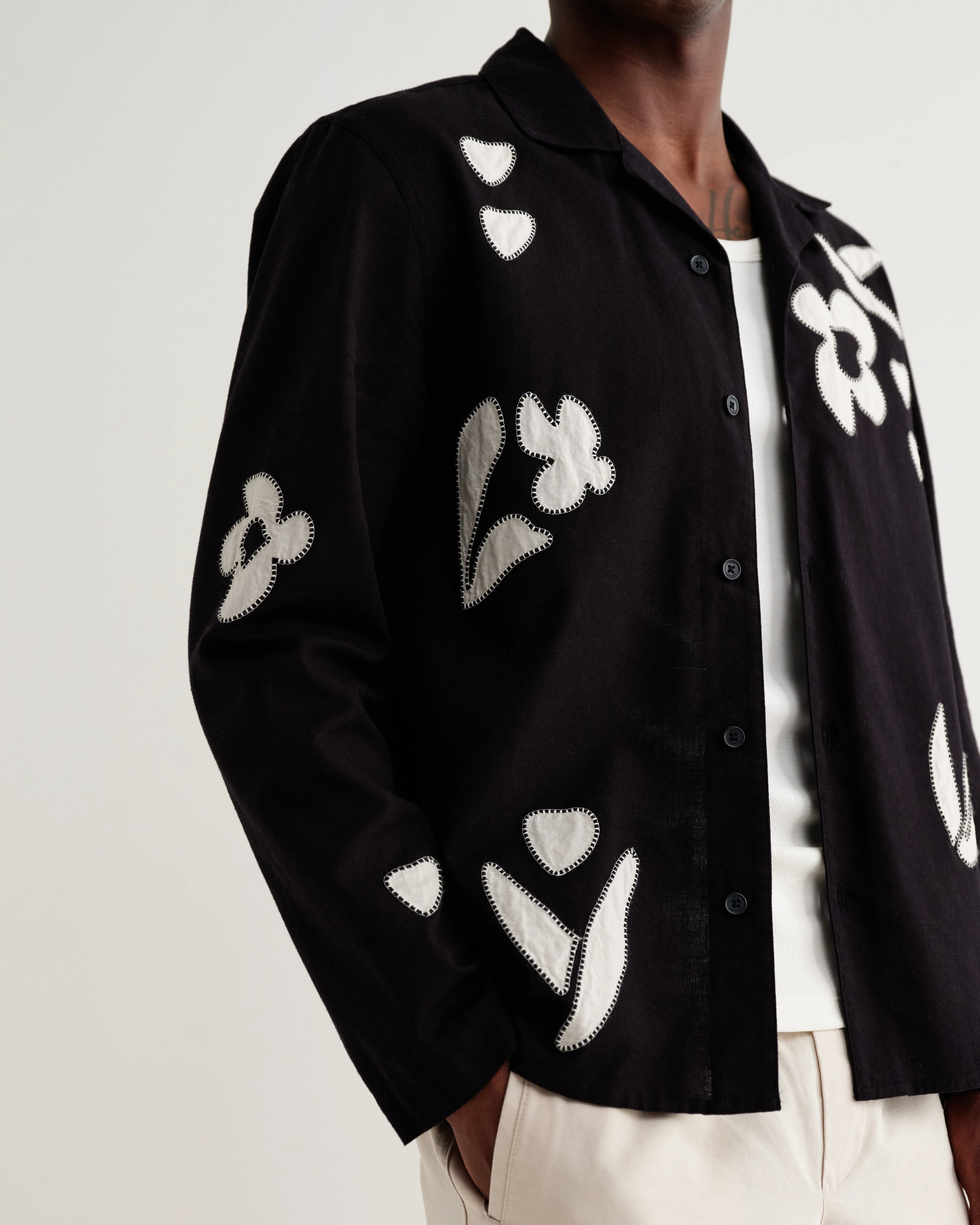 Corey - Black And Beige Abstract Applique Cotton-Linen Shirt - Image 4