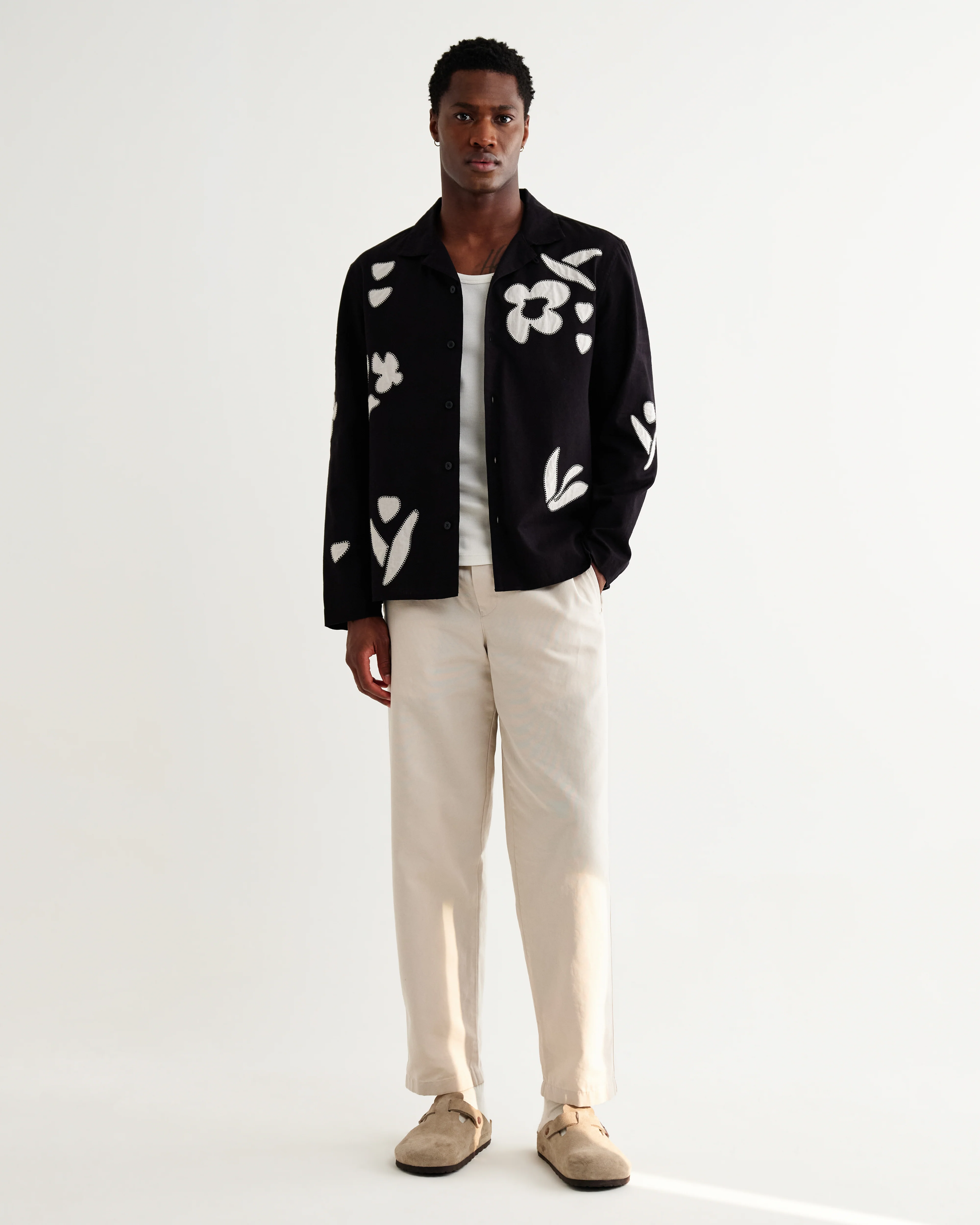 Corey - Black And Beige Abstract Applique Cotton-Linen Shirt - Image 5