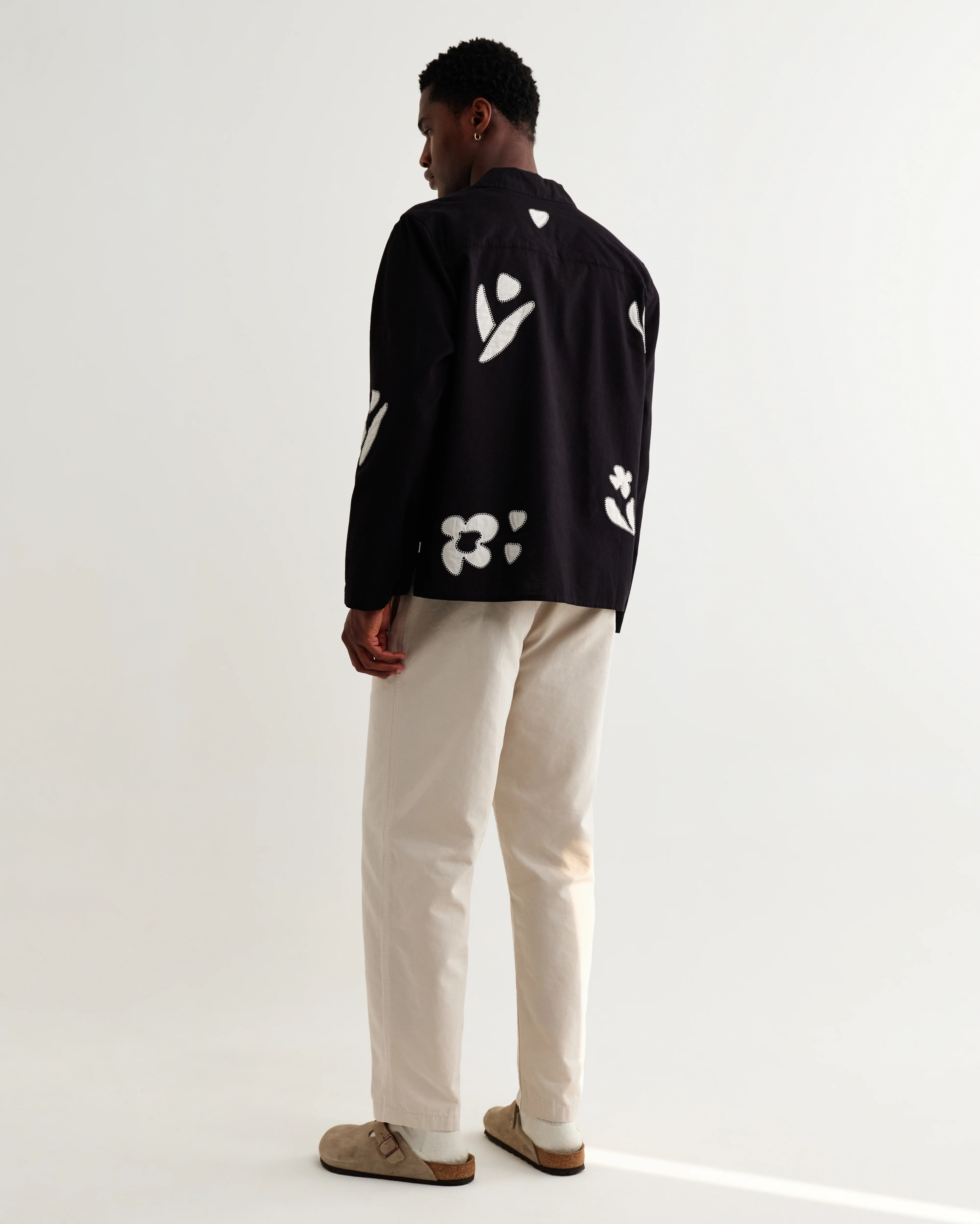 Corey - Black And Beige Abstract Applique Cotton-Linen Shirt - Image 7