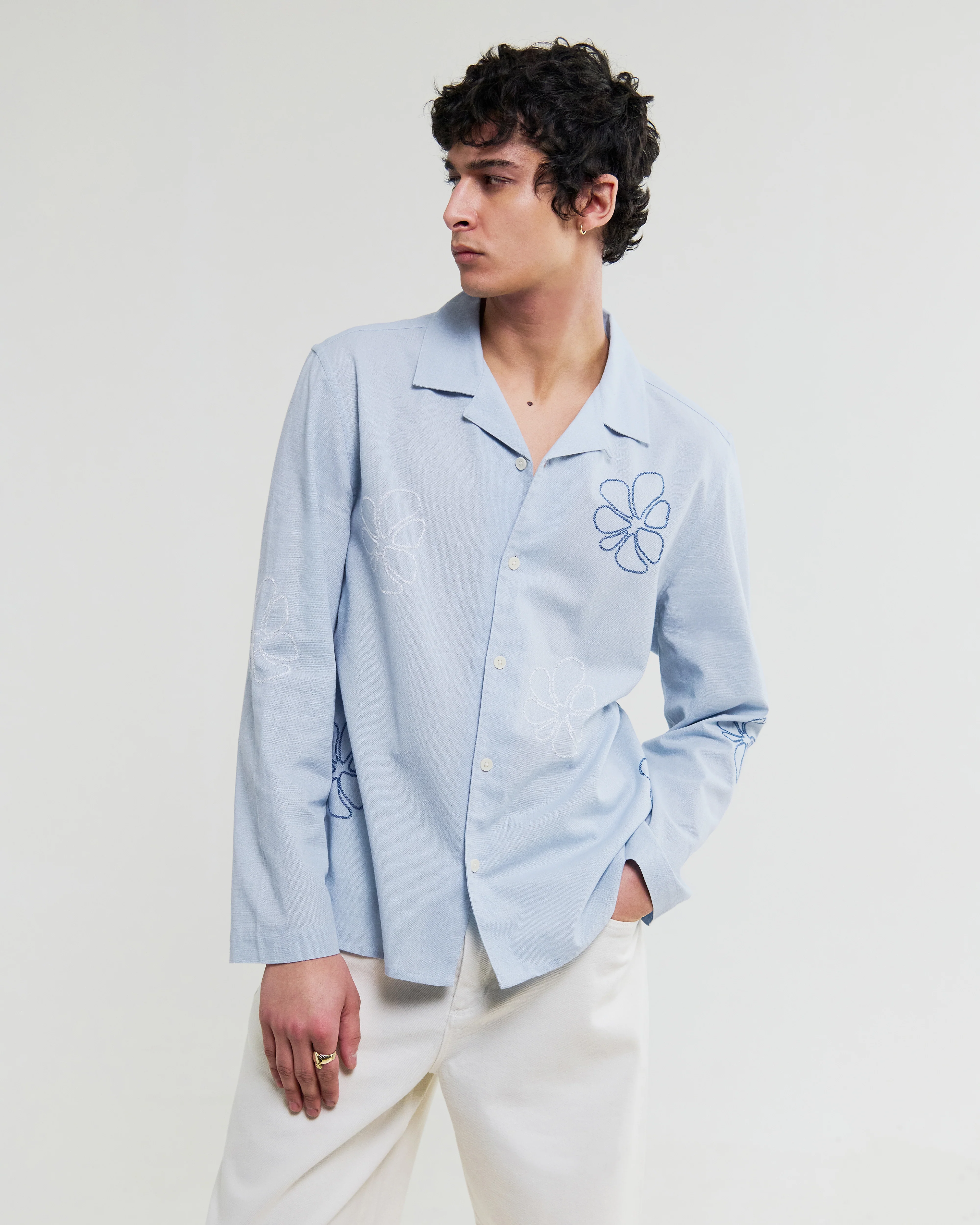 Corey - Blue Cross Stitch Doodle Cotton-Linen Shirt - Image 2
