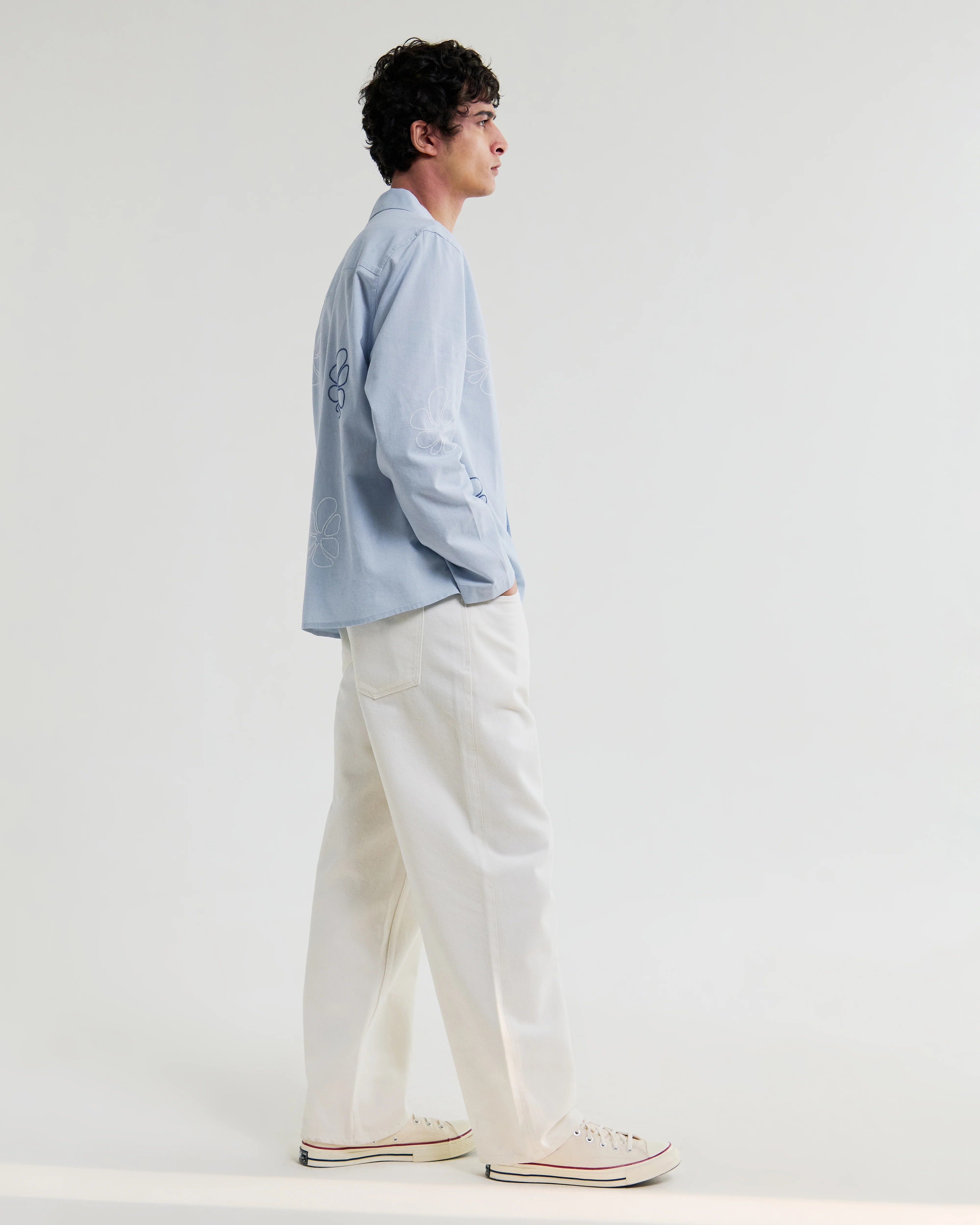Corey - Blue Cross Stitch Doodle Cotton-Linen Shirt - Image 6