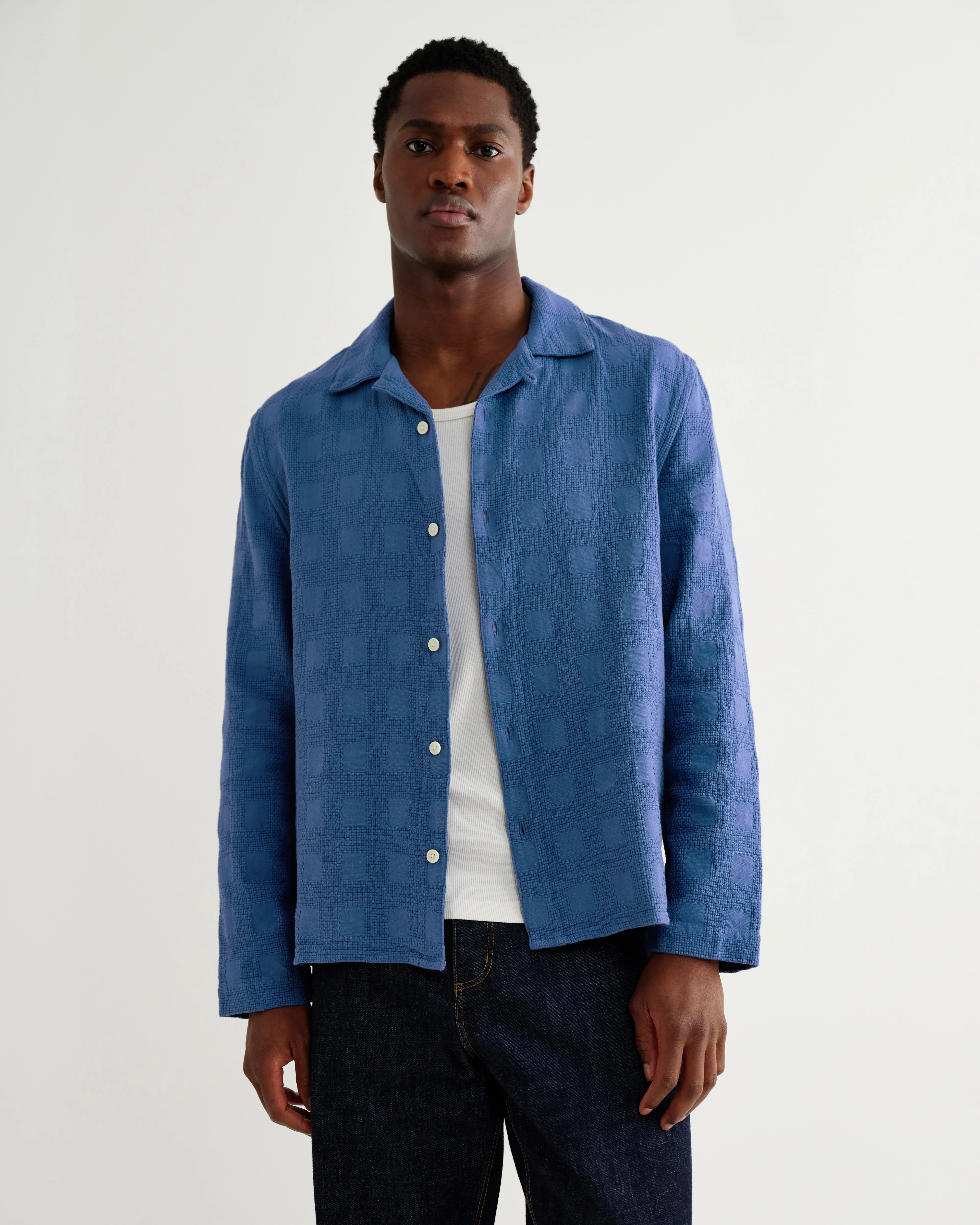 Corey - Blue Dobby Check Cotton Shirt - Image 2