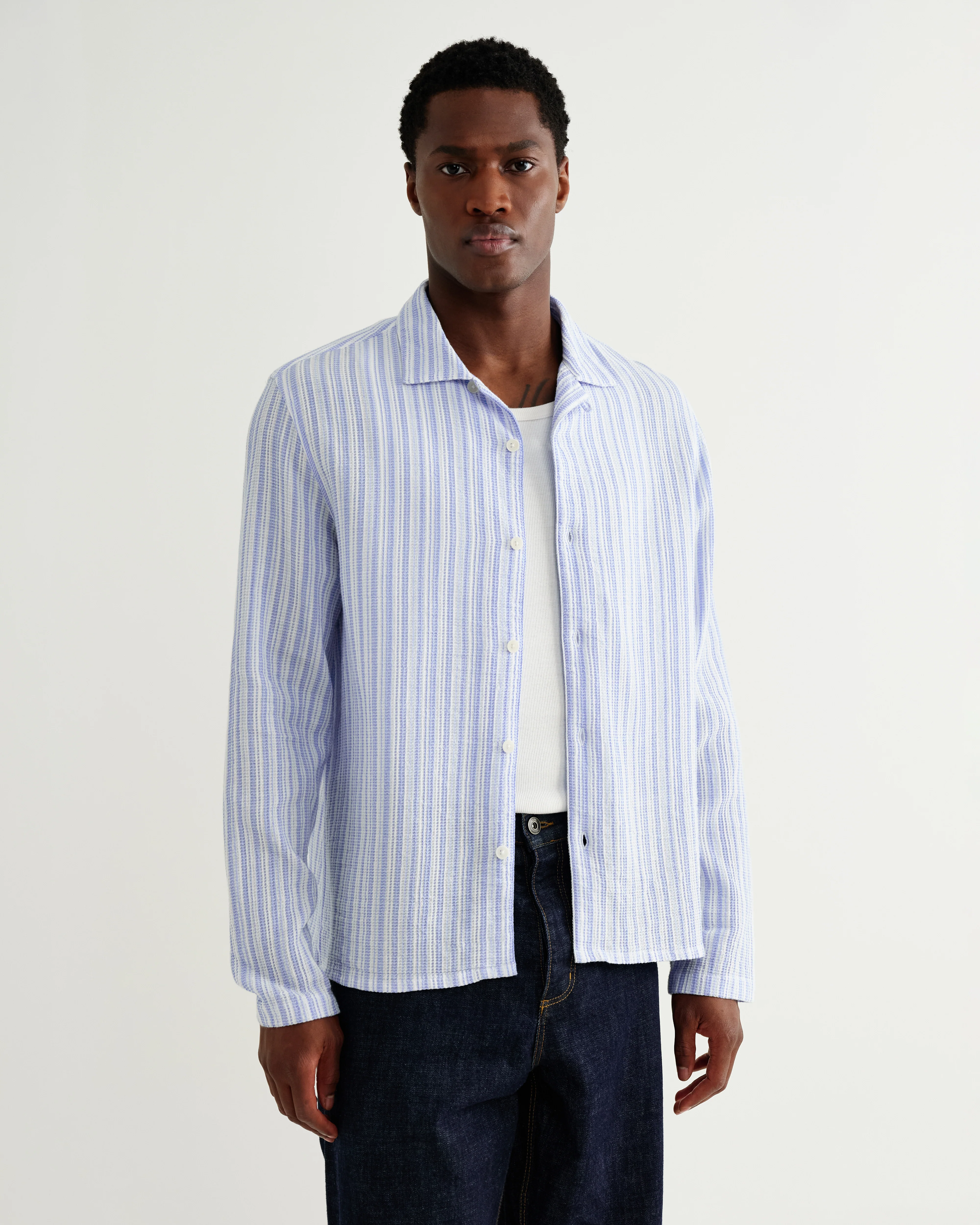 Corey - Bright Blue Cotton Twisted Stripe Shirt - Image 2
