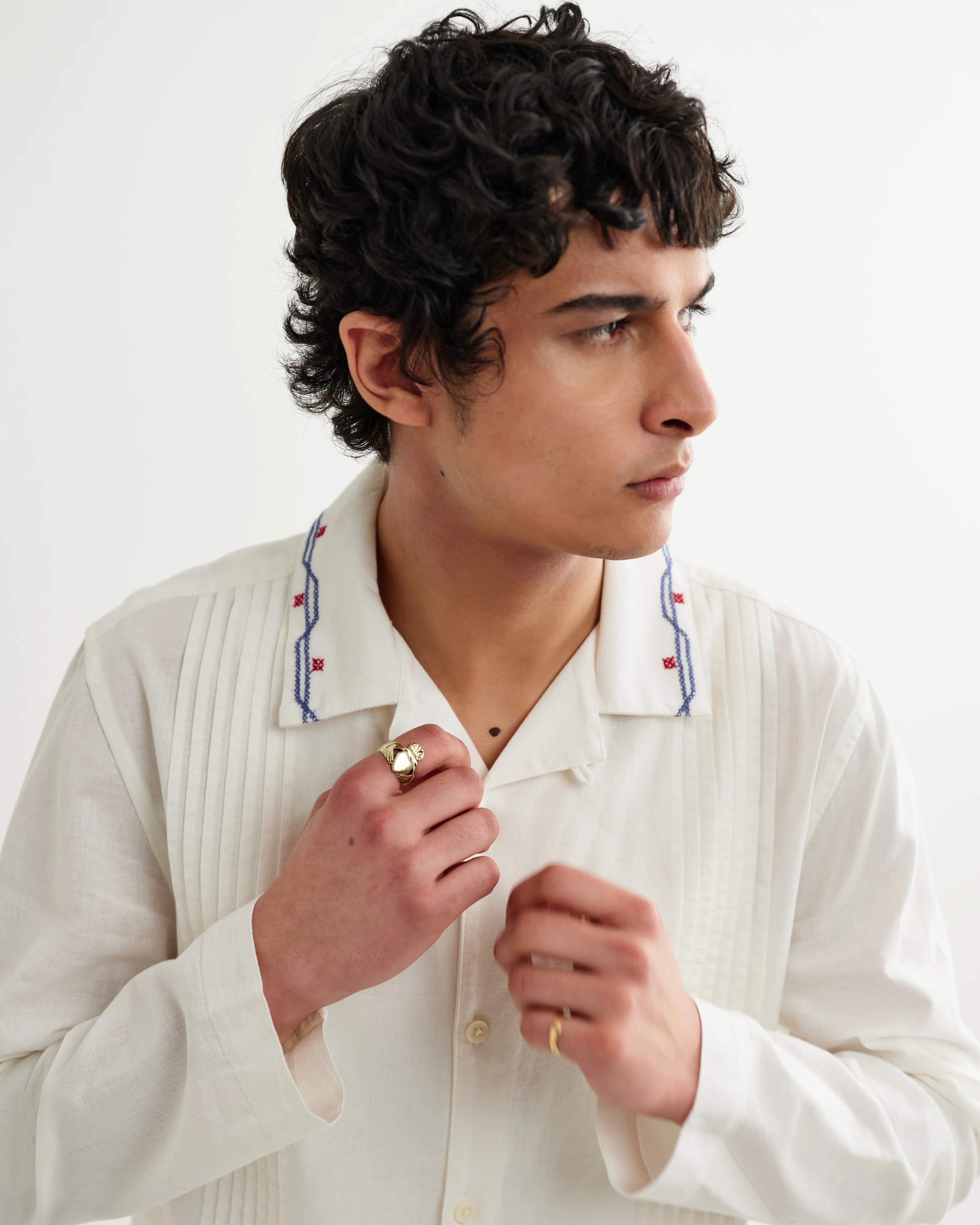 Corey - Ecru Pintuck Border Cotton-Linen Shirt - Image 3