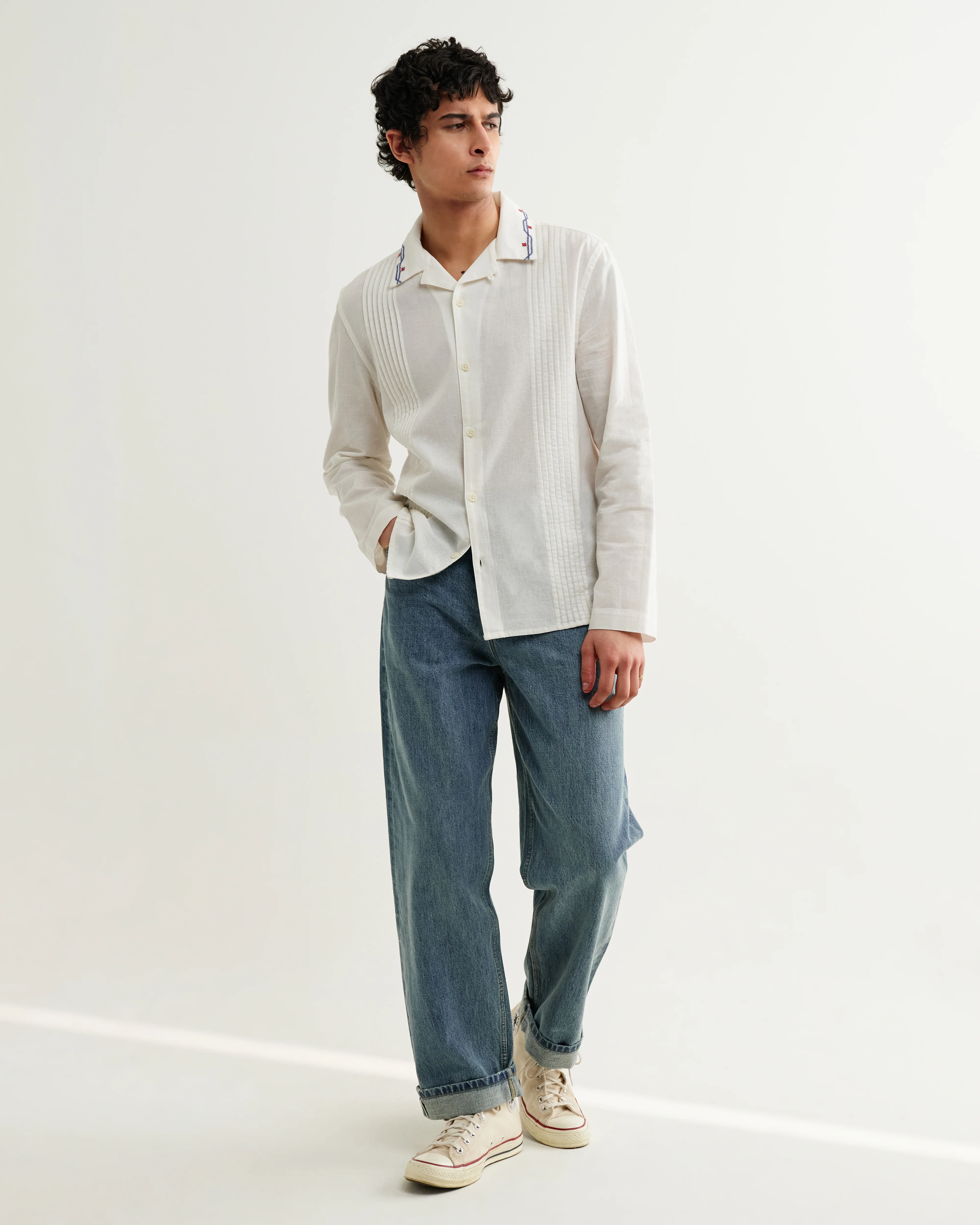 Corey - Ecru Pintuck Border Cotton-Linen Shirt - Image 4