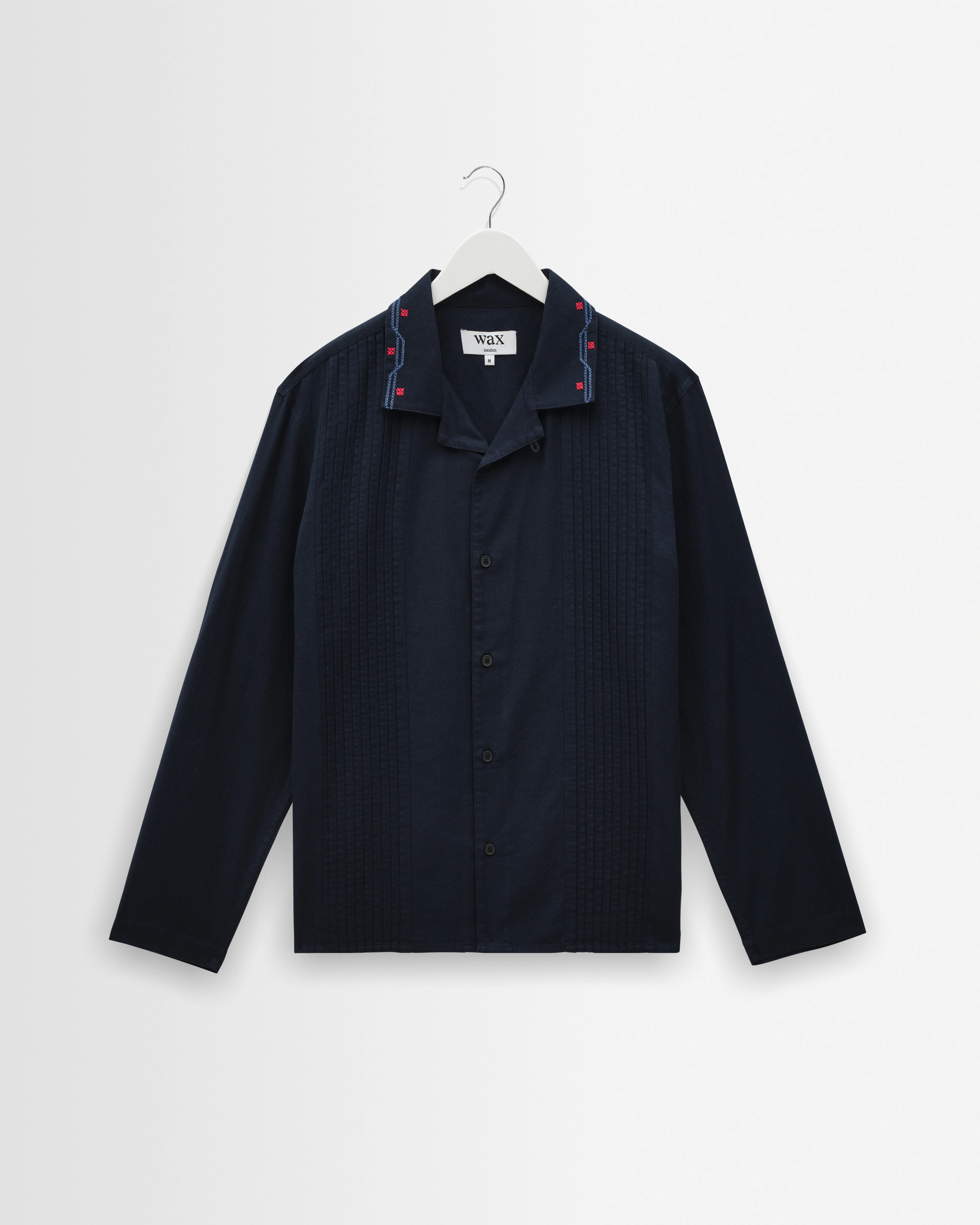 Corey - Navy Pintuck Border Cotton-Linen Shirt
