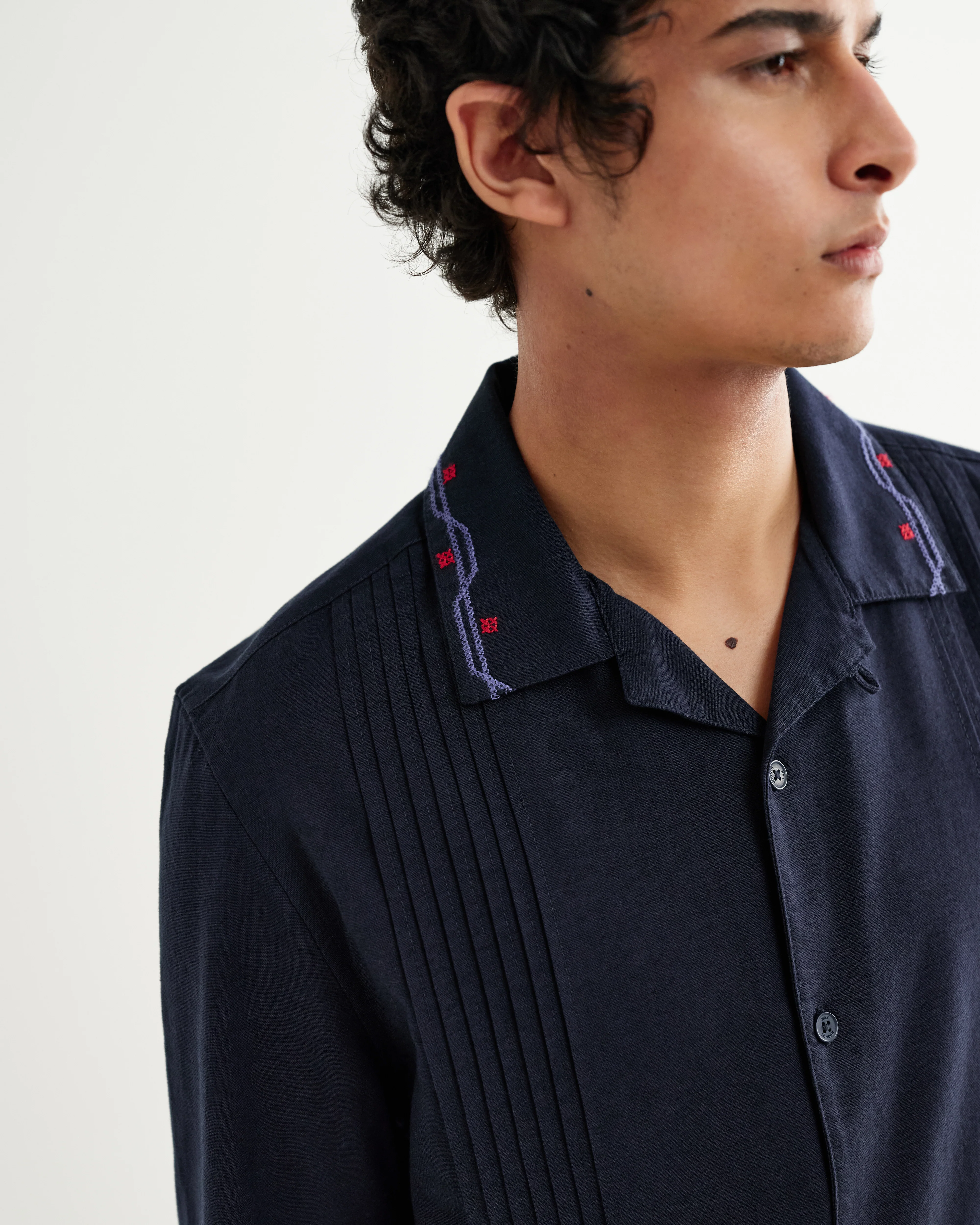 Corey - Navy Pintuck Border Cotton-Linen Shirt - Image 3