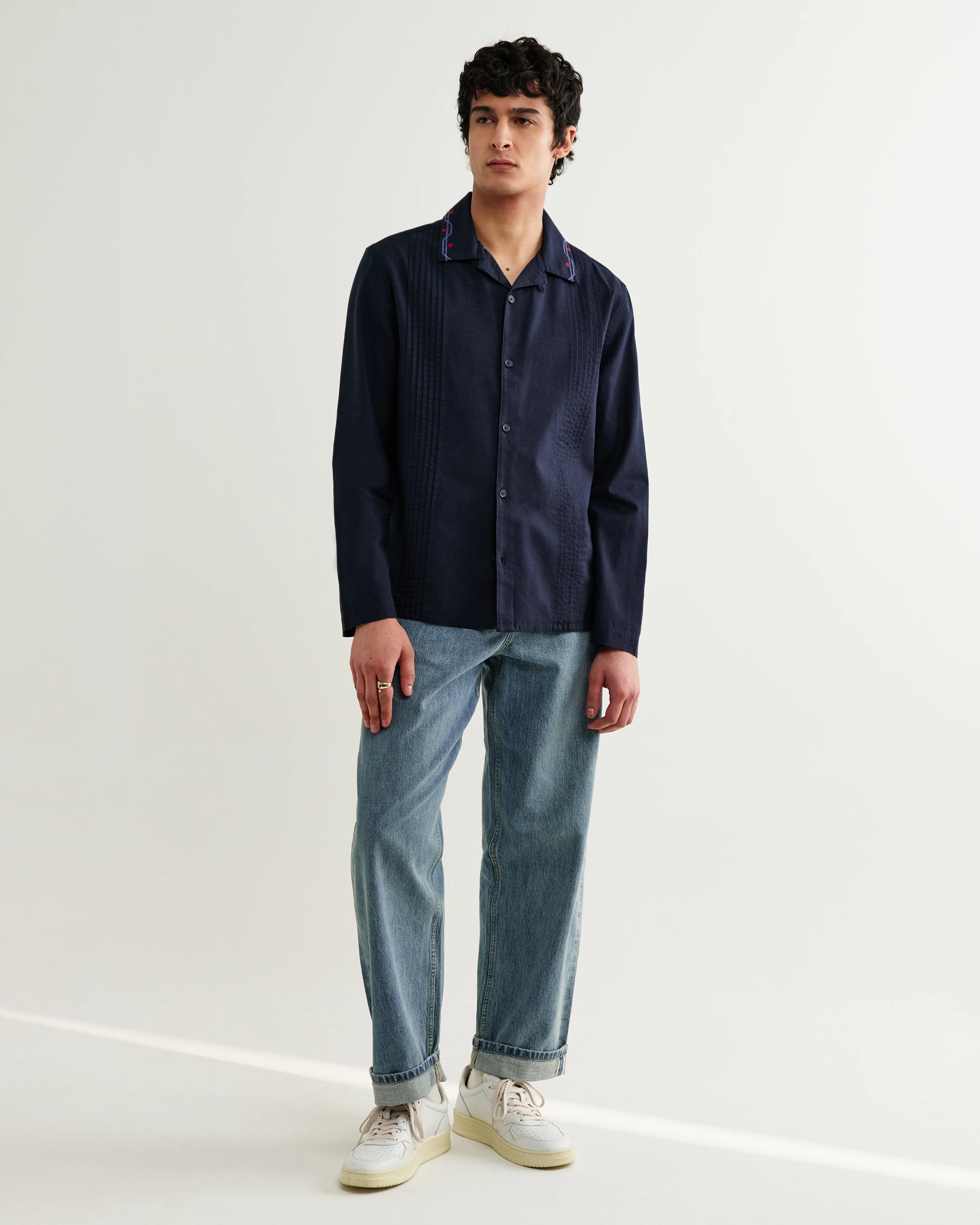 Corey - Navy Pintuck Border Cotton-Linen Shirt - Image 4