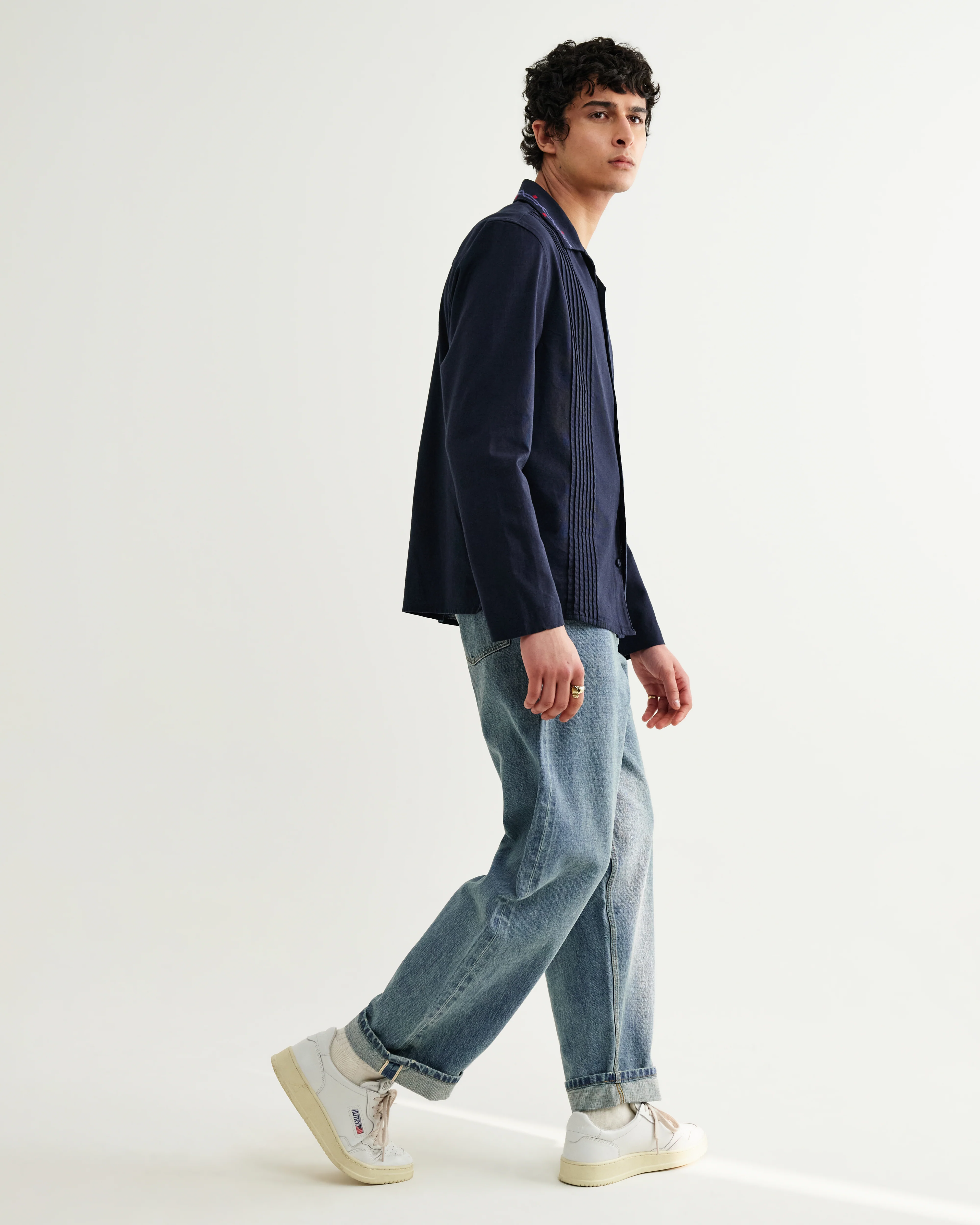 Corey - Navy Pintuck Border Cotton-Linen Shirt - Image 5