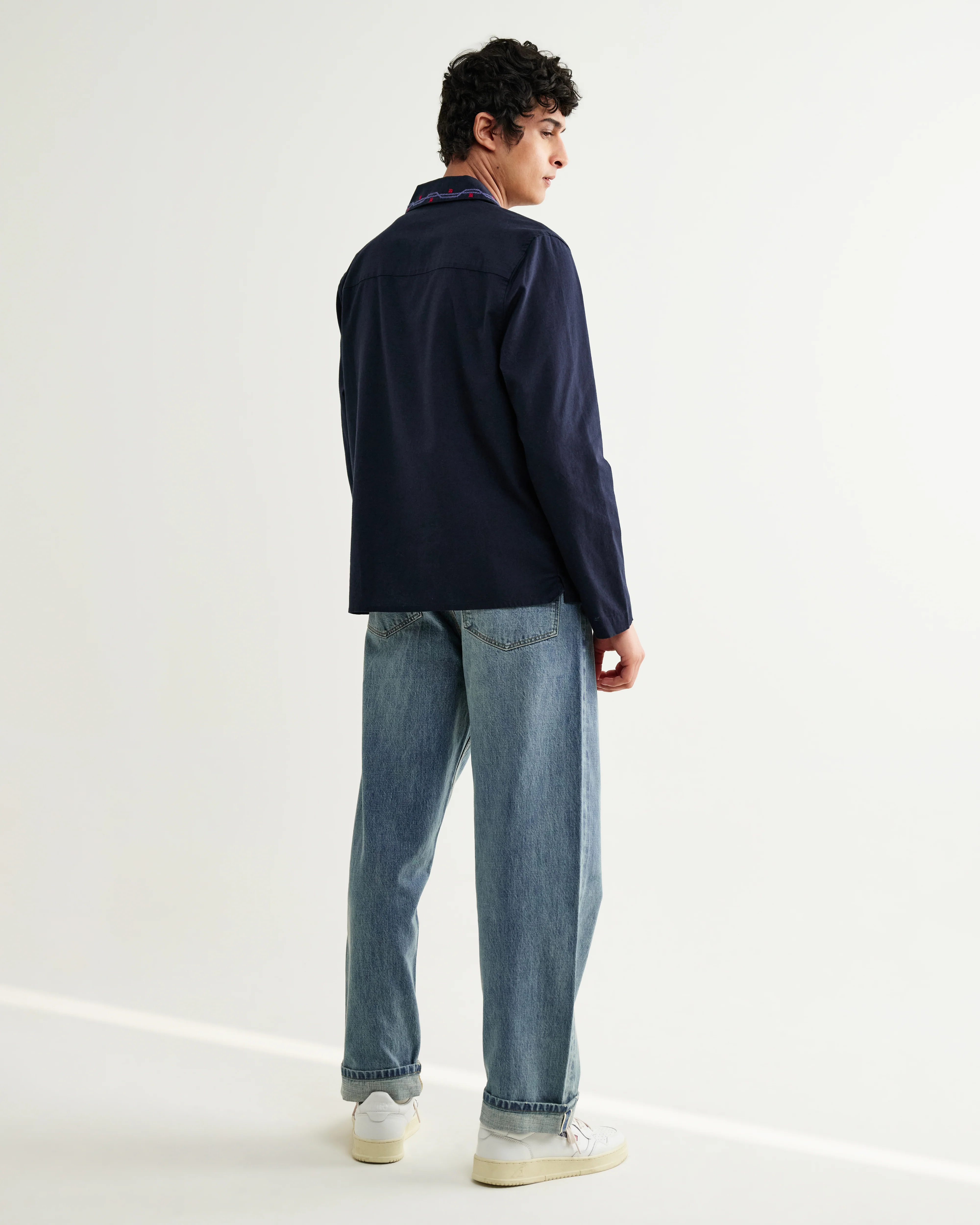 Corey - Navy Pintuck Border Cotton-Linen Shirt - Image 6